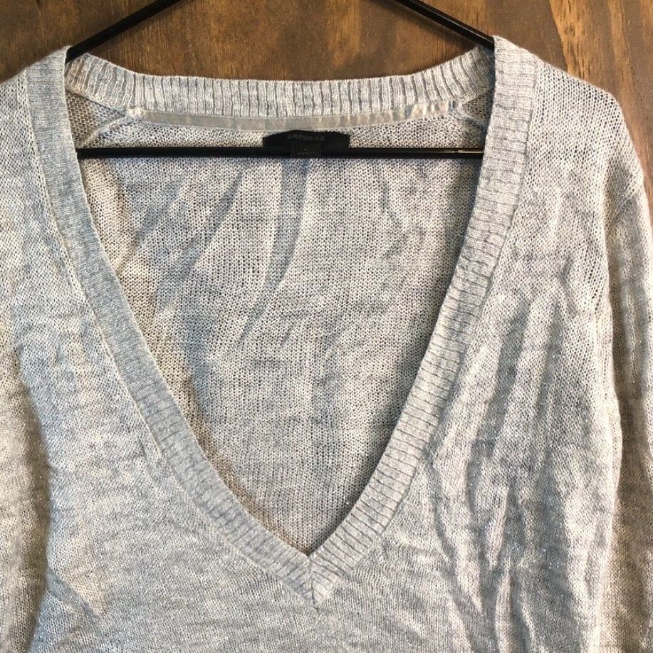 Express Express Sweater Gray Metallic Deep V-Neck Merino Wool Blend Large Womens Pullover Knit Long Sleeve Regular Size L Size L / US 10 / IT 46 - 2 Thumbnail
