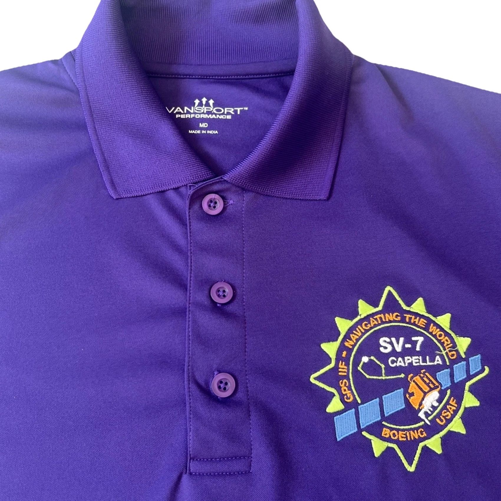Vintage Boeing USAF GPS IIF SV-7 CAPELLA Navigating Polo Shirt M Purple Graphic Print Logo Shirt Mens Regular Short Sleeve Summer All Seasons Size US M / EU 48-50 / 2 - 2 Thumbnail