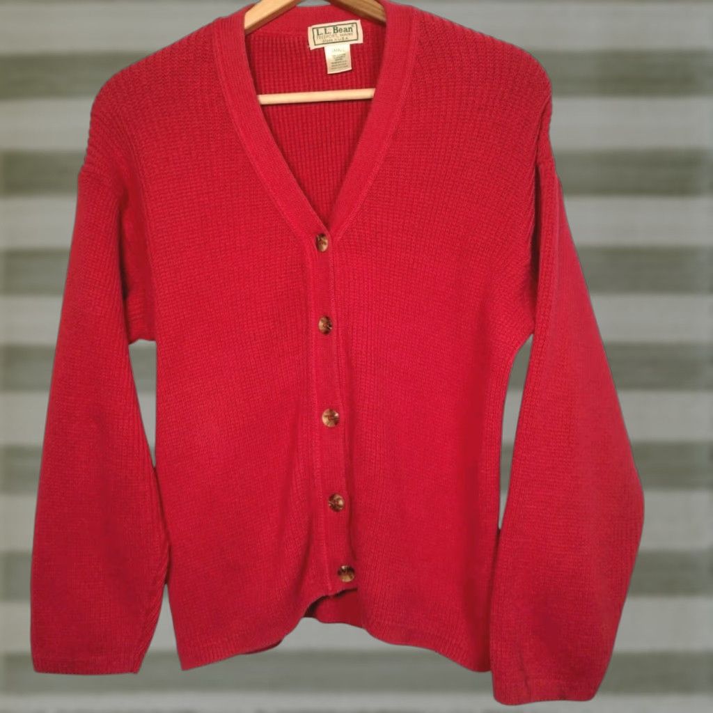 Vintage VINTAGE L.L. Bean Cardigan Sweater Small Red Cotton Ribbed Knit V Neck USA Made Womens Size S / US 4 / IT 40 - 1 Thumbnail