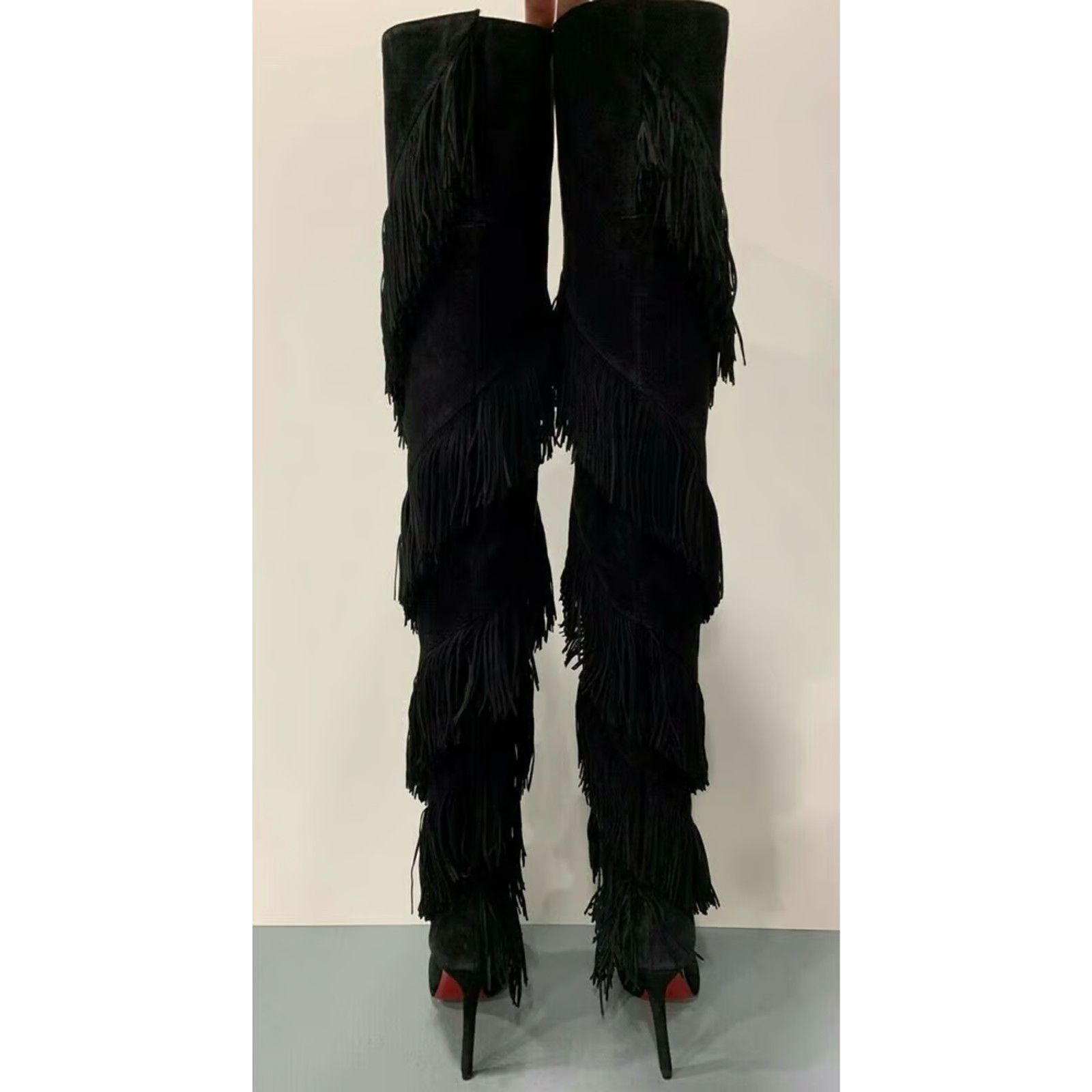 Christian Louboutin Christian Louboutin Bolcheva 120 Black Fringe Thigh High OTK Size US 6.5 / IT 36.5 - 3 Thumbnail