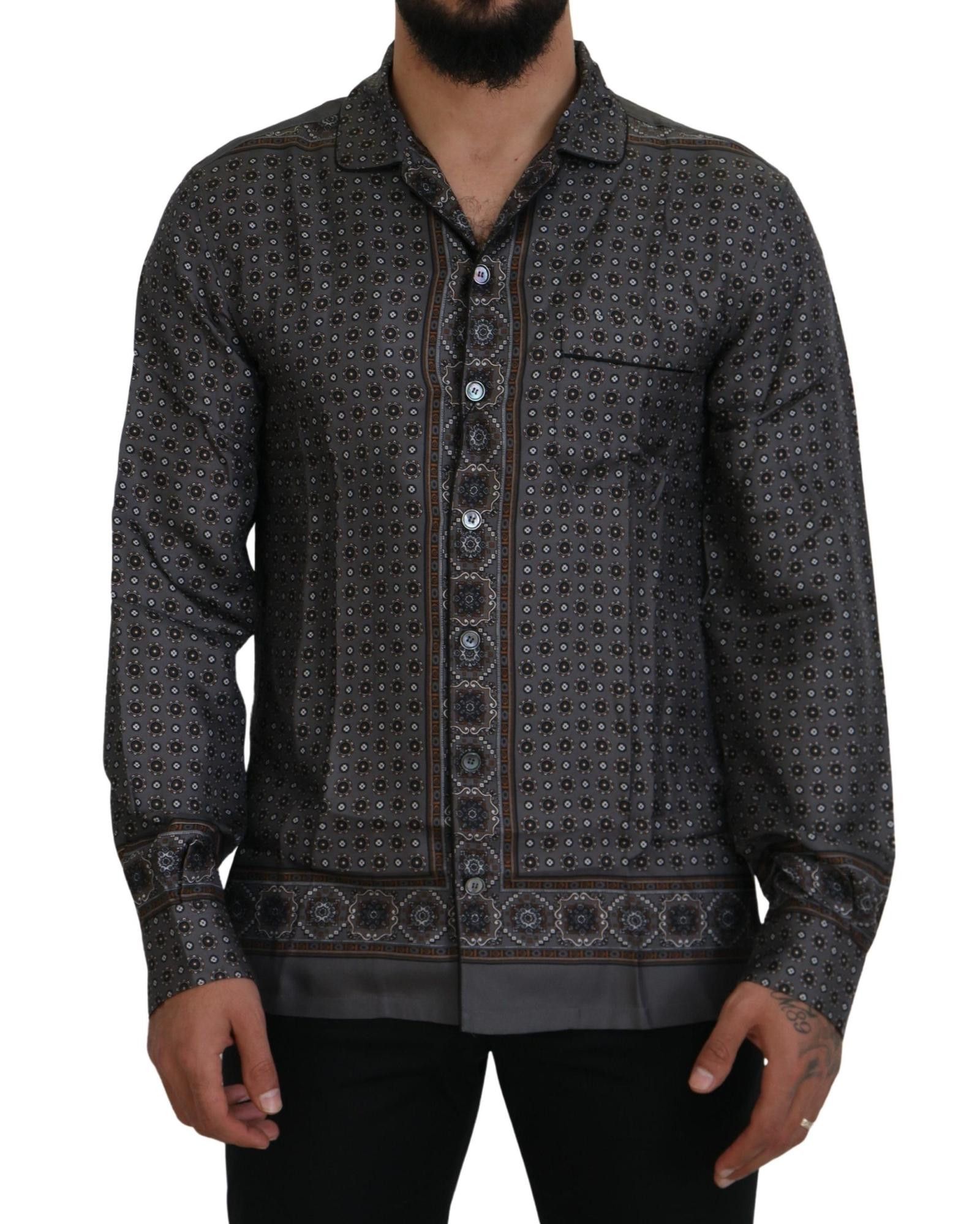 Image of Dolce Gabbana Baroque Silk Satin Casual Shirt in Grey, Men's (Size XS)