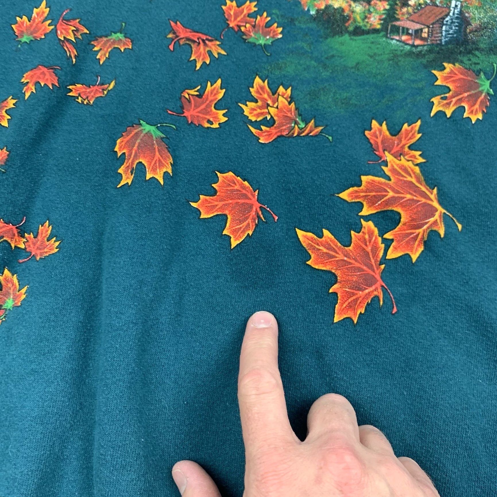 Jerzees VINTAGE Jerzees Sweatshirt Shirt Men M Green 90s Nature Fall Log Cabin Pullover Crew Neck Small Bleach Stains Included Size US M / EU 48-50 / 2 - 4 Thumbnail