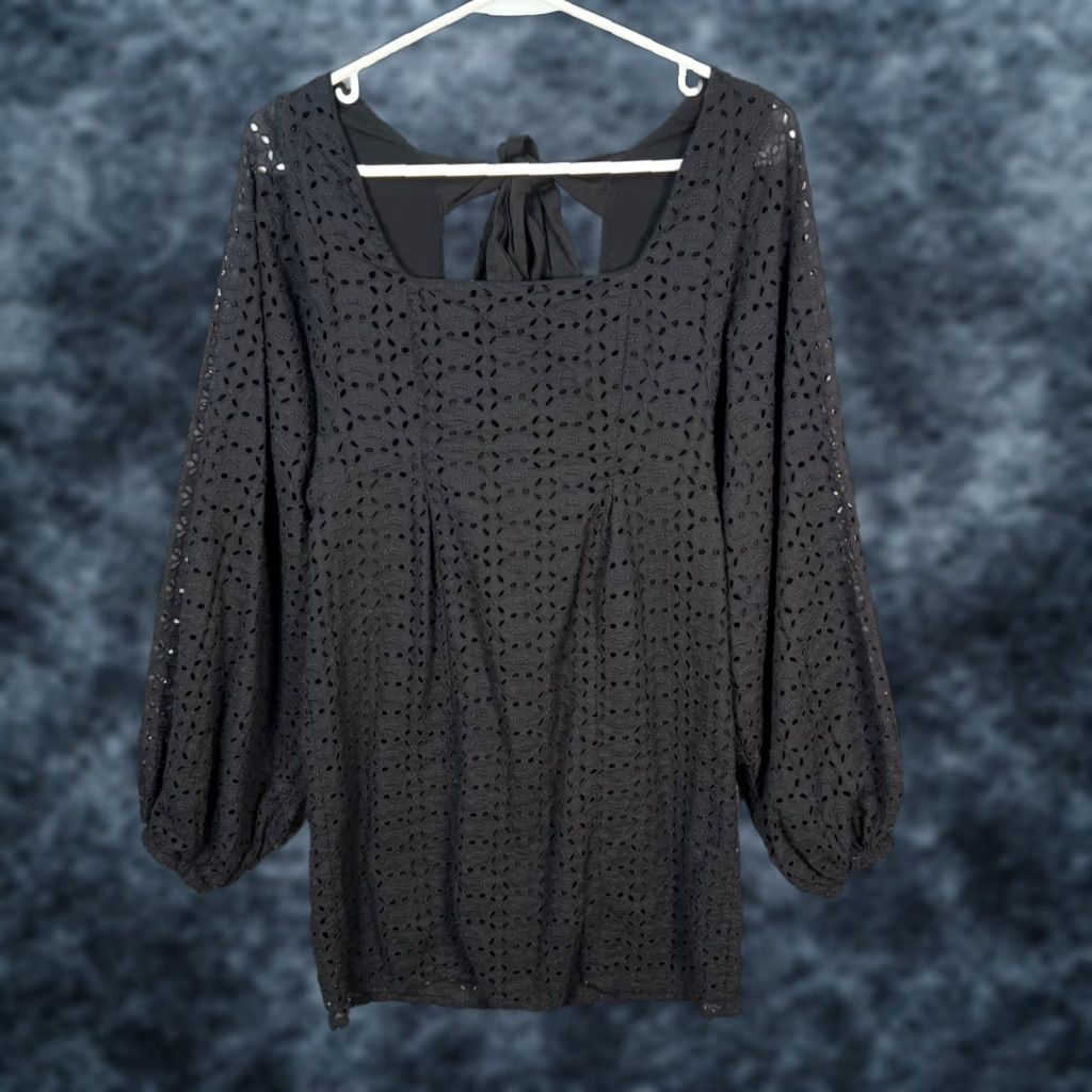 Free People Free People Dress Woman Black Eyelet Tie Back Blouson Sleeve Mini 4 Short Bohemian Summer Party/Cocktail Womens Size S / US 4 / IT 40 - 1 Thumbnail