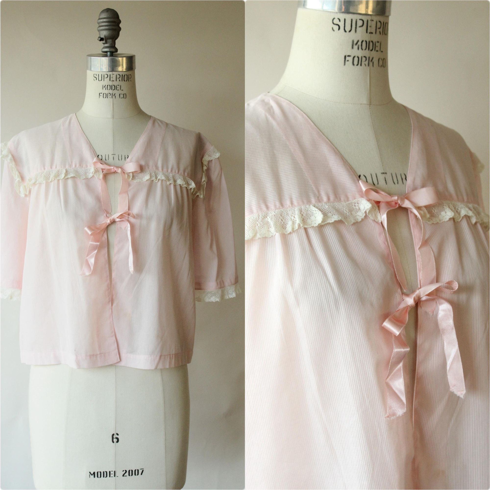 Vintage Vintage 1940s 1950s Bed Jacket, Pale Pink Pinstripes with Pi Size ONE SIZE - 1 Thumbnail
