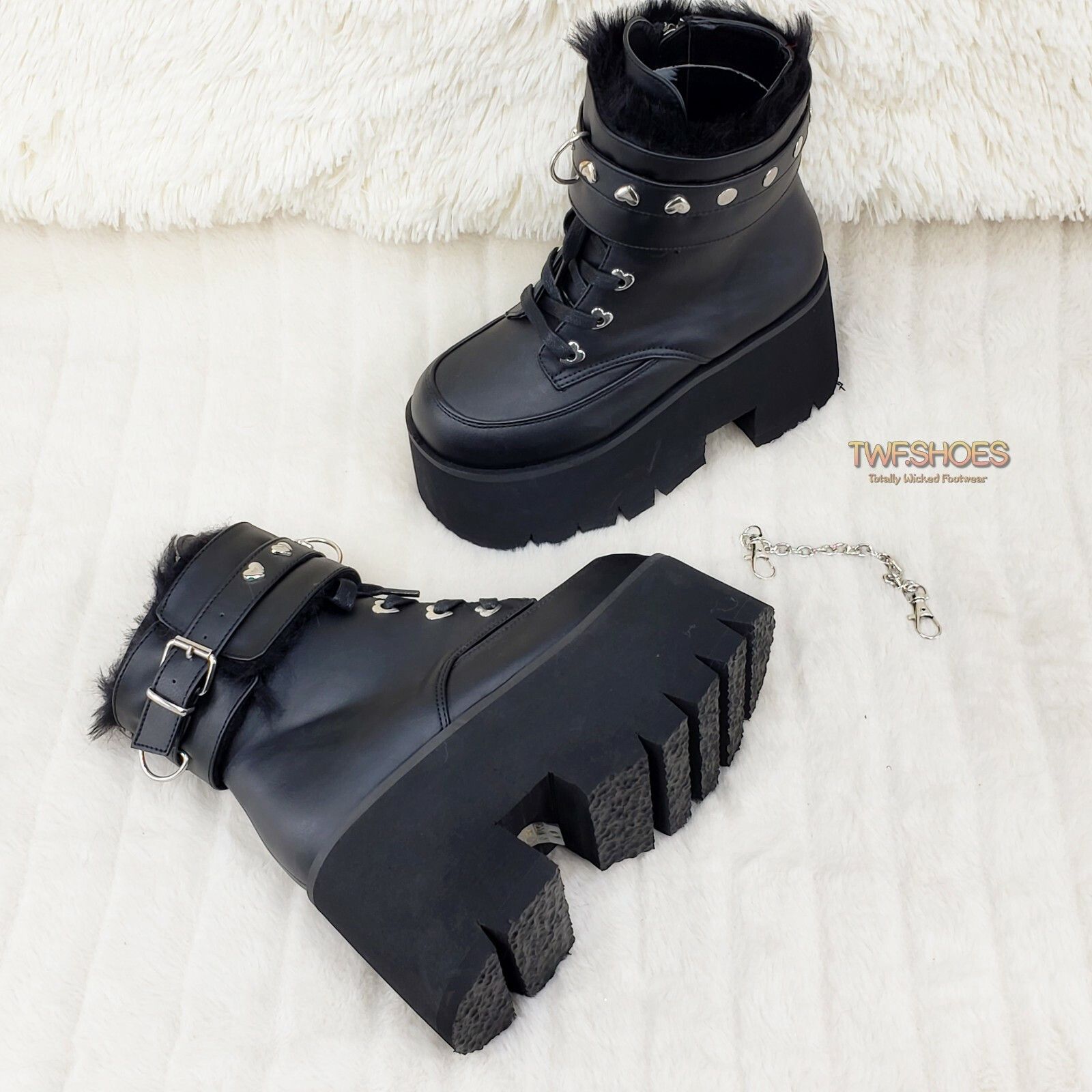 Other Ashes 57 Black Heart Studs 3.5" Platform Goth Boots Fur Line Size US 7 / IT 37 - 5 Thumbnail
