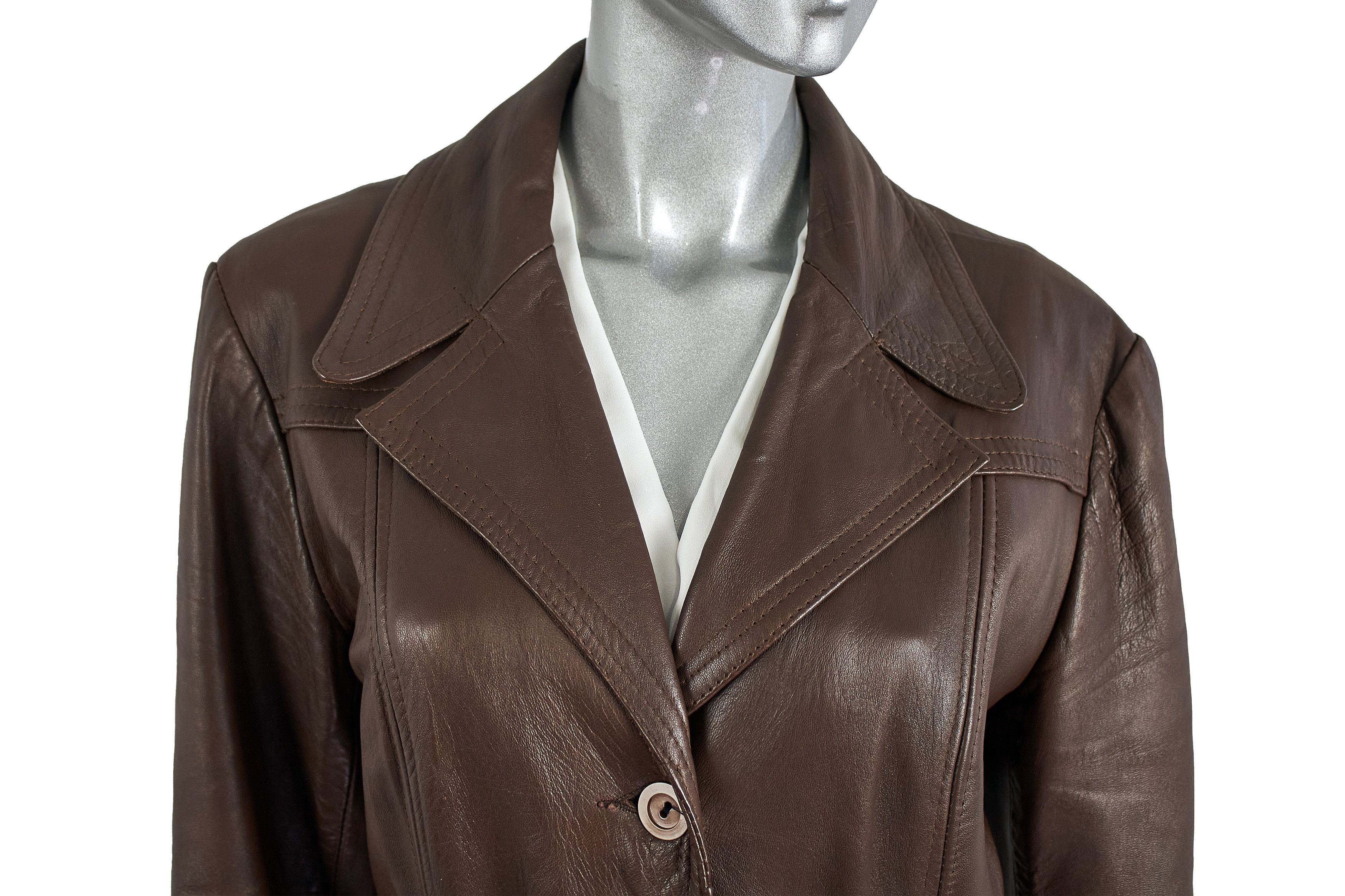 C&A Vintage 90s Brown Belted Leather Coat Trench Made in England Size M / US 6-8 / IT 42-44 - 8 Thumbnail