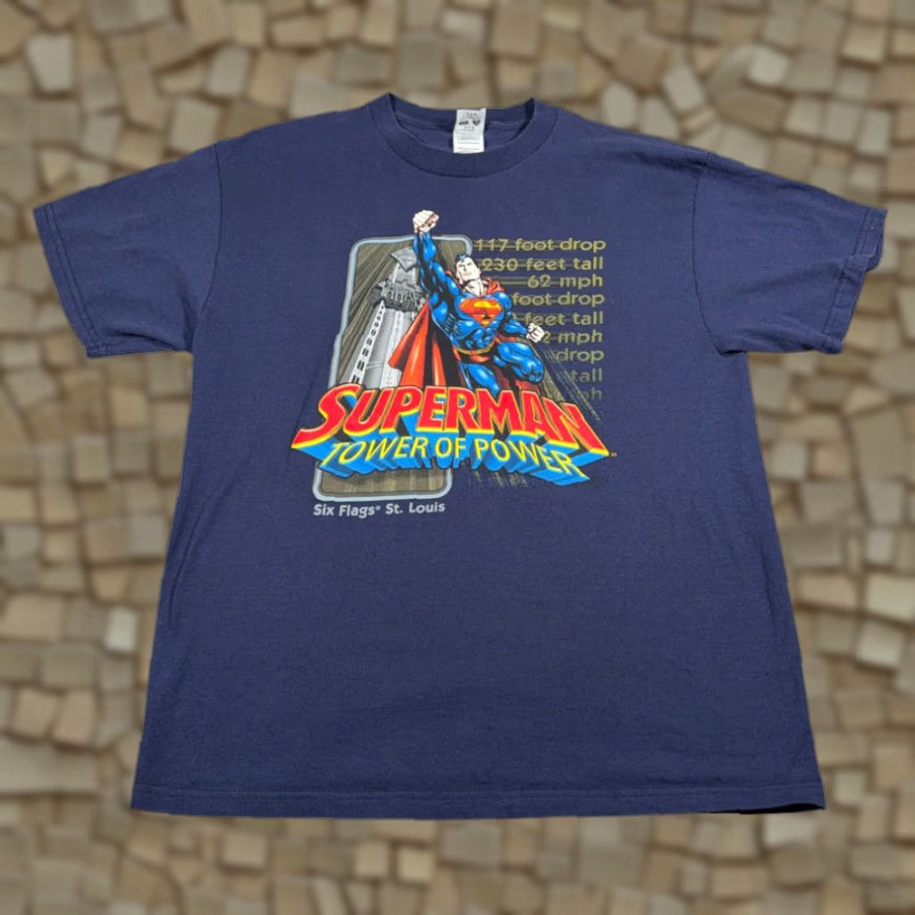 Vintage VINTAGE Superman Shirt Six Flags Blue Adult LARGE T-Shirt Regular Short Sleeve Crew Neck Cotton Men 21.5 Chest 27 Length Y2K Size US L / EU 52-54 / 3 - 1 Thumbnail