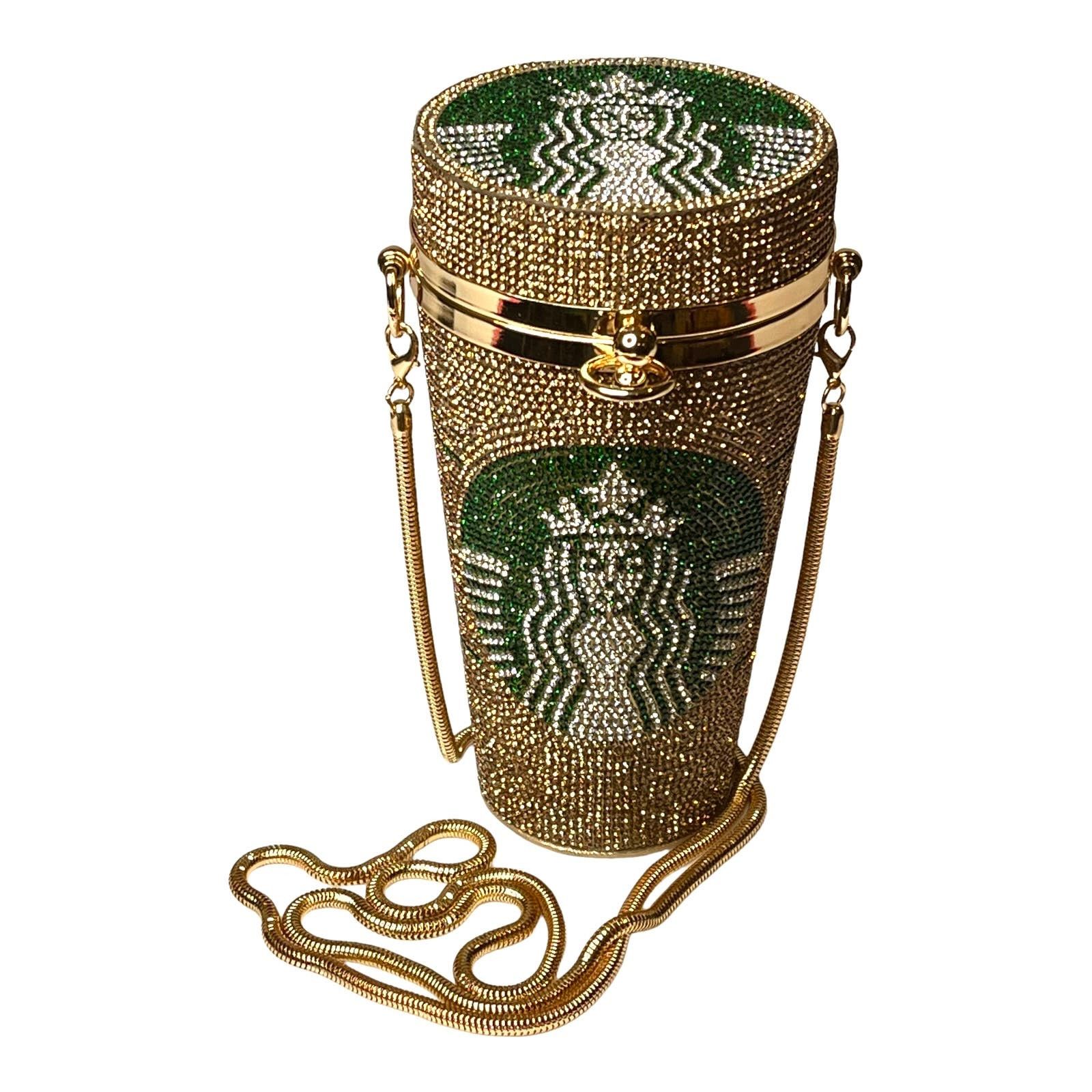 image of Vintage Lg Starbucks Coffee Cup Gold Rhinestone Handbag Crossbody, Women's