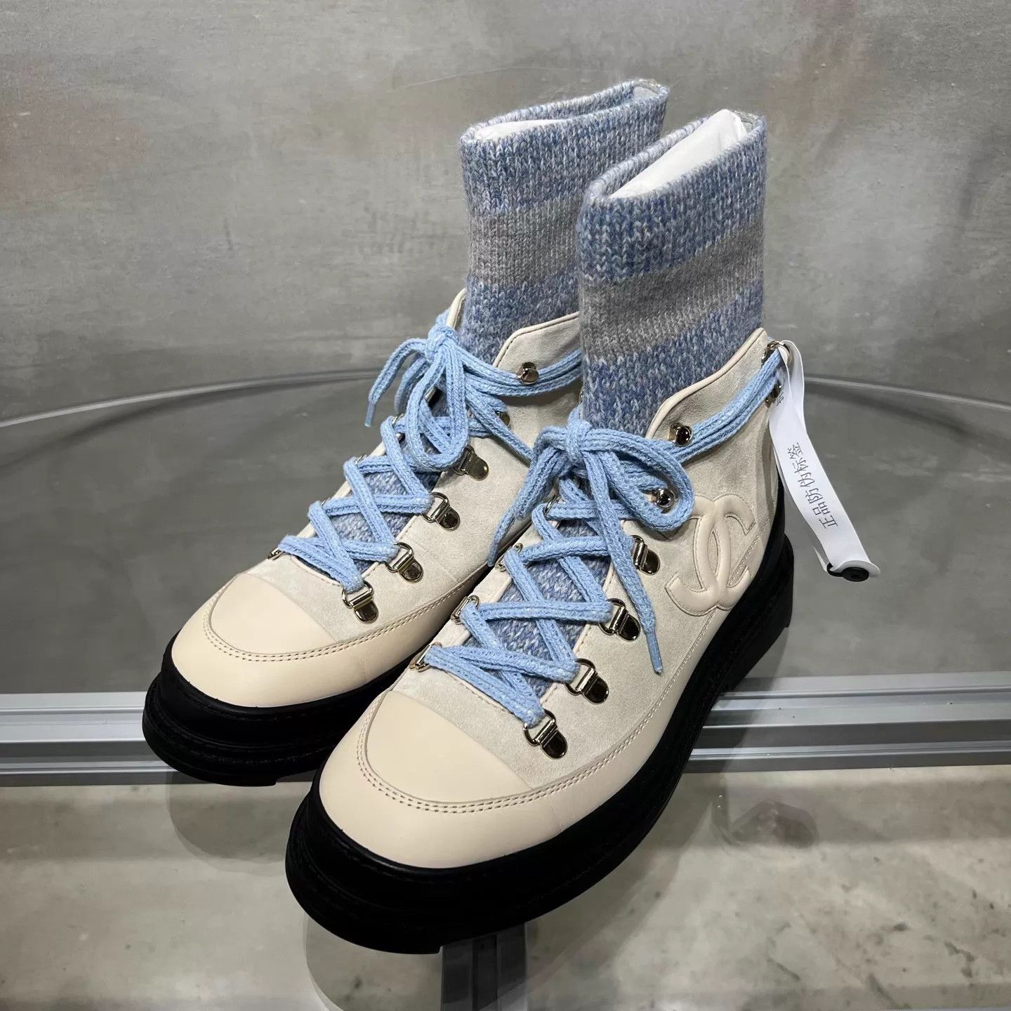Chanel Chanel Sock Boot Beige Blue Color Block EU37 Size US 6.5 / IT 36.5 - 2 Thumbnail