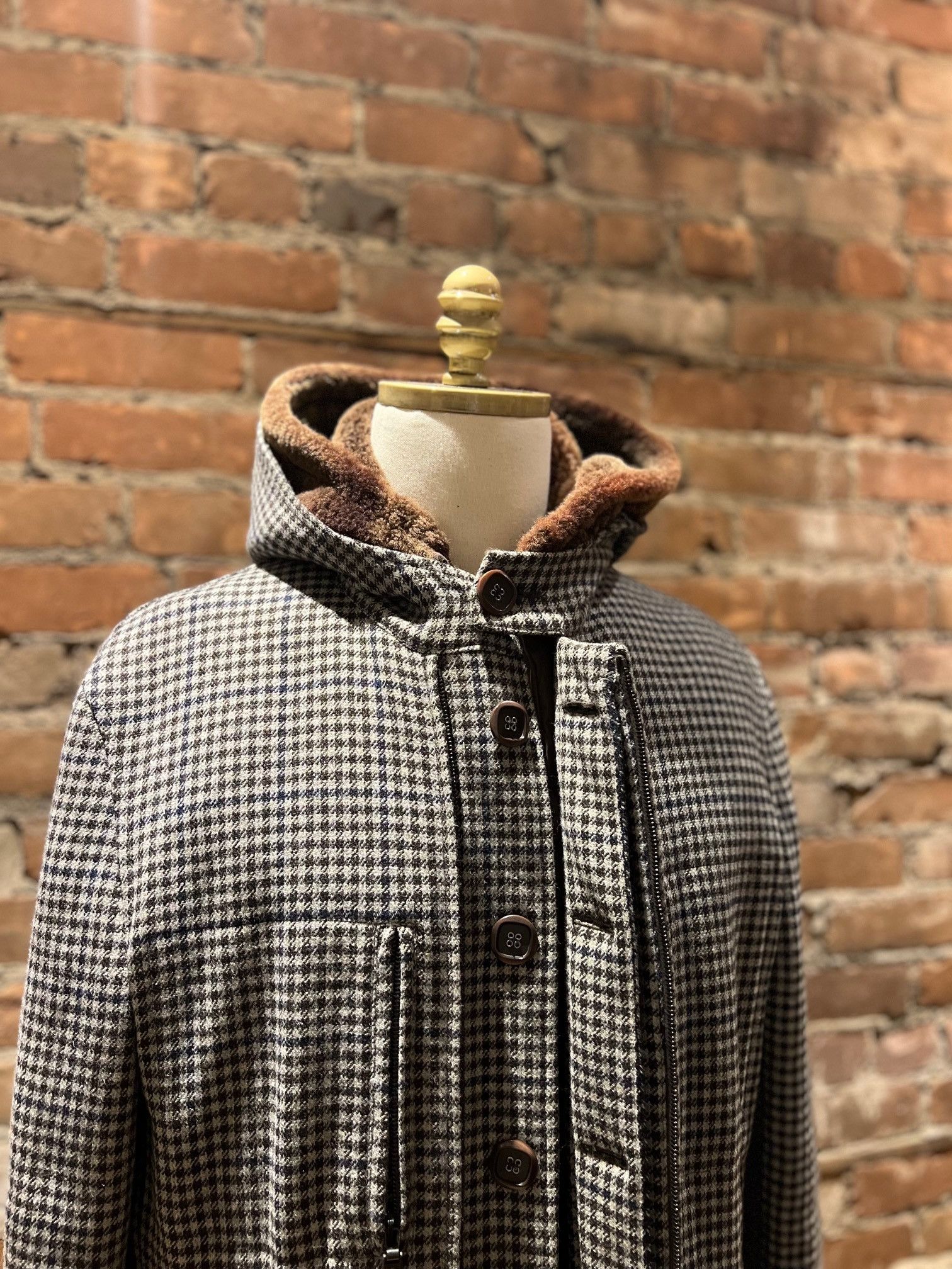 Etro ETRO Milano Wool Blend Houndstooth Coat with Shearling Hood Size US L / EU 52-54 / 3 - 5 Thumbnail