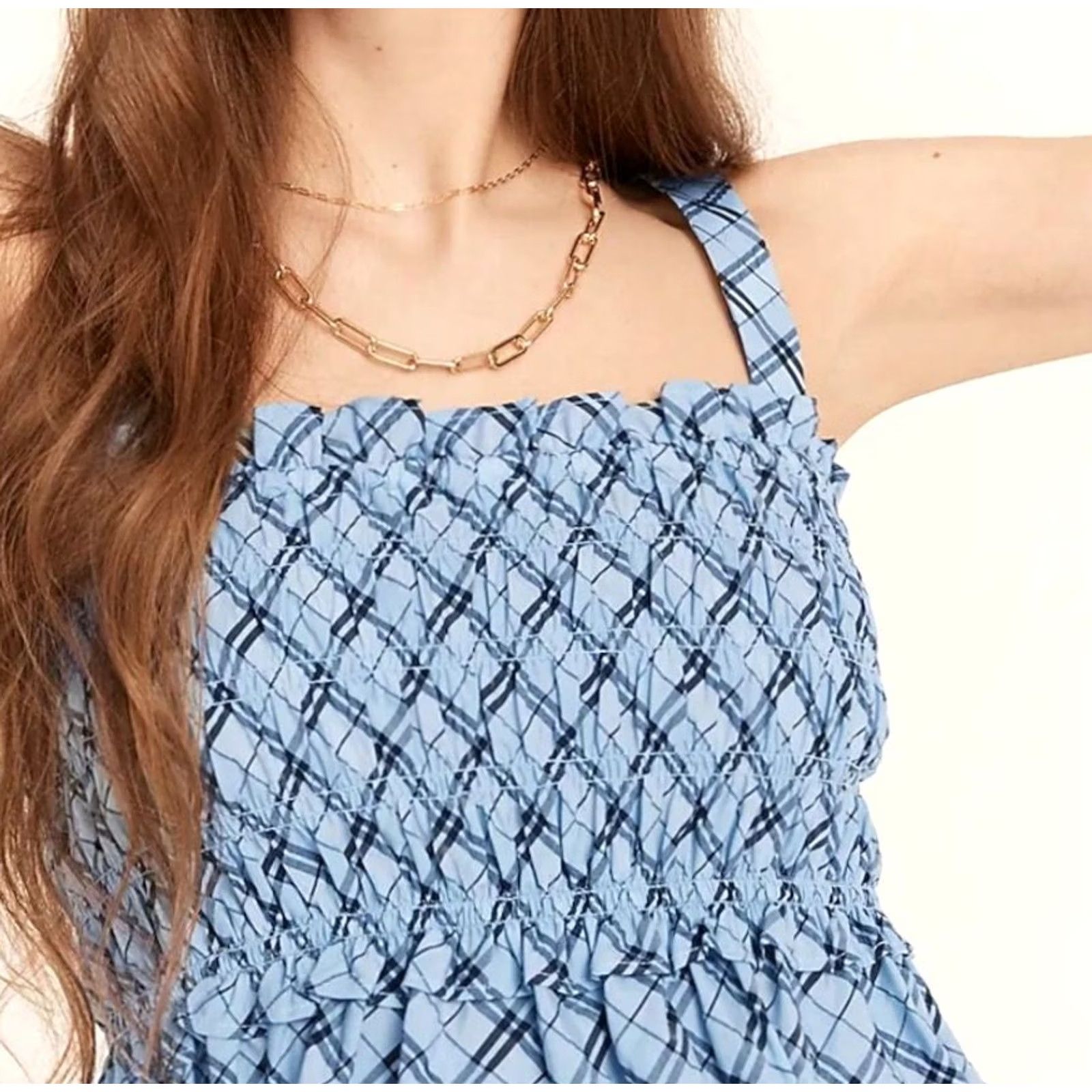 J.Crew J Crew Women's Tank Top M Blue Plaid Smocked Size M / US 6-8 / IT 42-44 - 2 Thumbnail