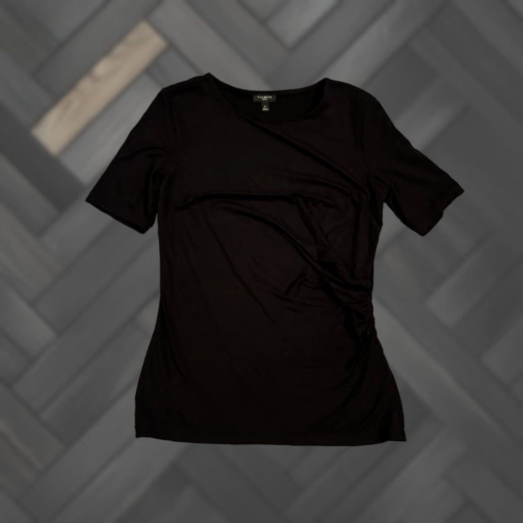 Talbots Talbots Petites Shirt Womens PS Small Black Faux Wrap Ruched Side Short Sleeve Size S / US 4 / IT 40 - 1 Thumbnail