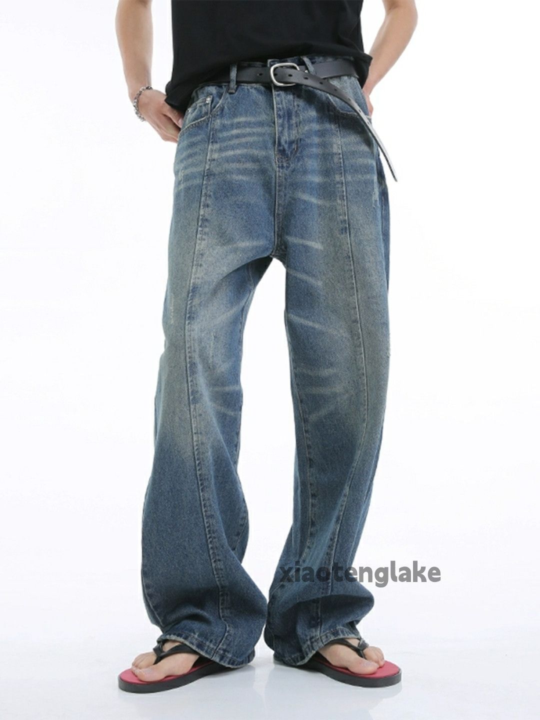 washed faded loose baggy patchwork jeans
