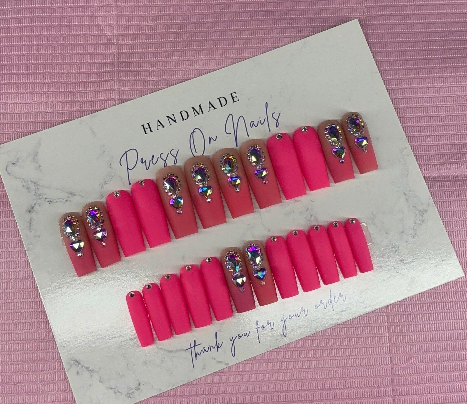 Handmade Long square Press on nails pink ombré rhinestones matte nude Size ONE SIZE - 9 Thumbnail