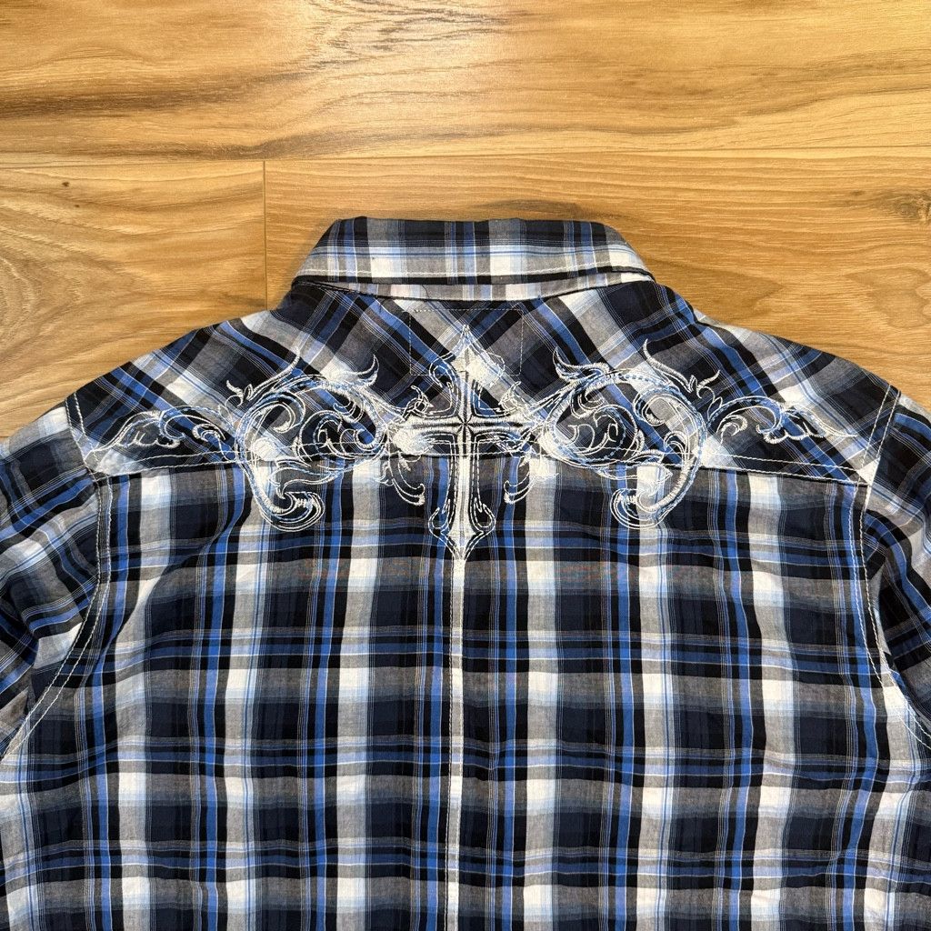 Lucky Brand Pop Icon Embroidered Plaid Western Shirt Blue XL Size 38L - 3 Thumbnail