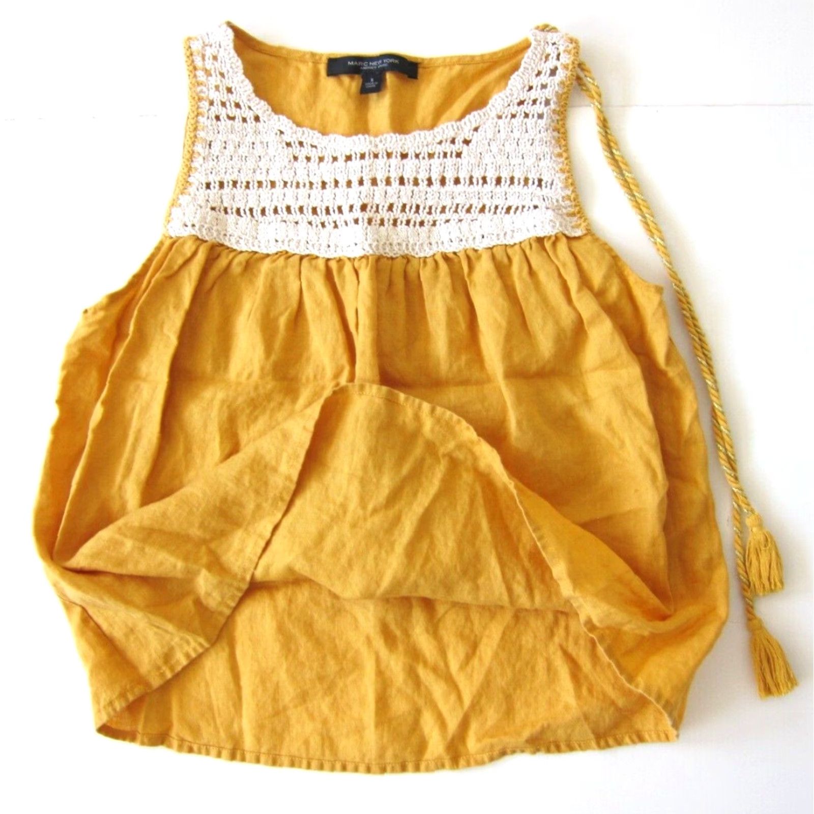 Vintage Andrew Marc New York 100% Linen Mustard Yellow Embroidered Tank Blouse Small Size S / US 4 / IT 40 - 4 Thumbnail