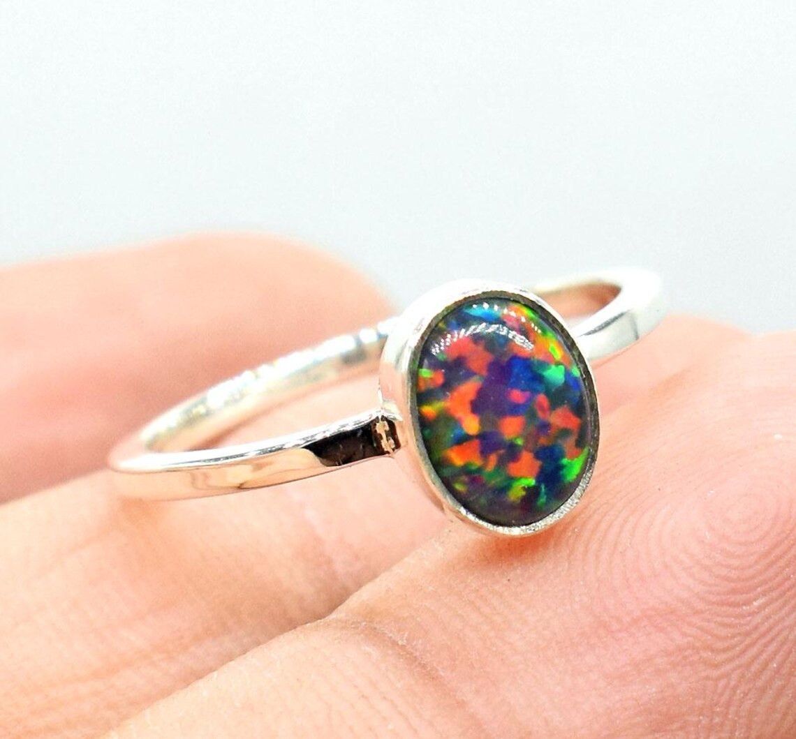 Handmade Multi Fire Opal 925 Silver Ring - Dainty Wedding Jewelry Size ONE SIZE - 2 Thumbnail