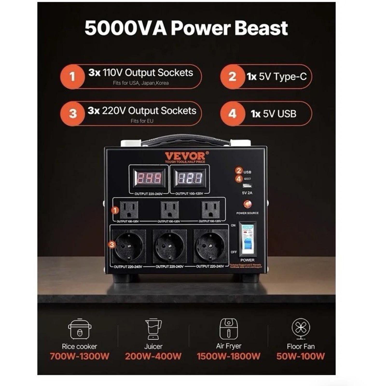 Other 5000W Voltage Converter Up/Down 220V 110V 110V 220V VEVOR Size ONE SIZE - 2 Thumbnail