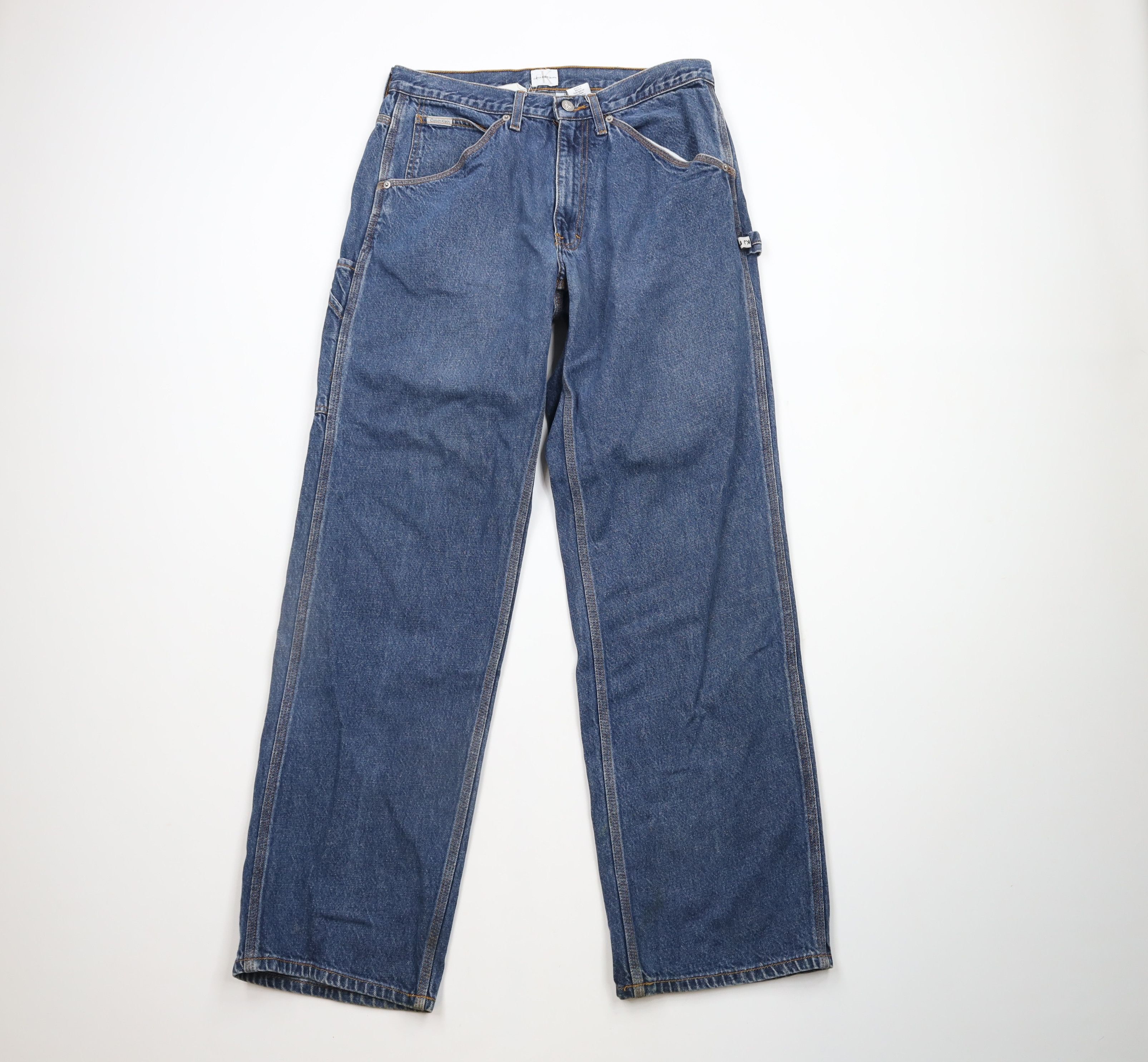Calvin Klein × Vintage Vintage 90s Calvin Klein Spell Out Wide Leg Dungaree Jeans Size US 31 - 1 Thumbnail