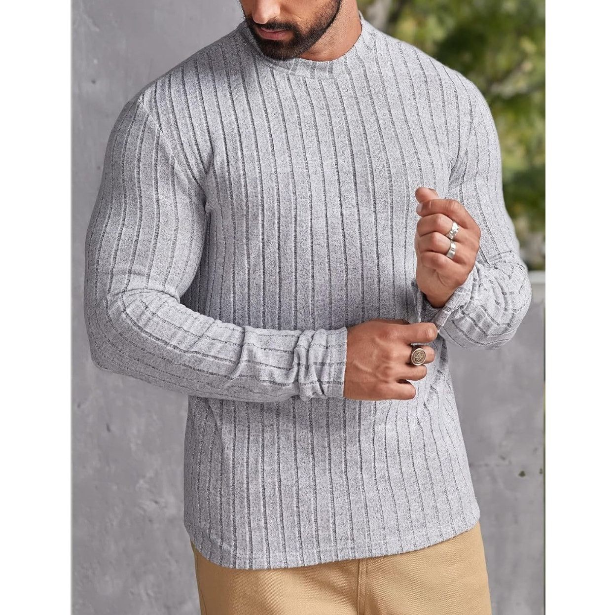 The Unbranded Brand Size Large Men Mock Neck Ribbed Knit shirt gray Size US L / EU 52-54 / 3 - 1 Thumbnail