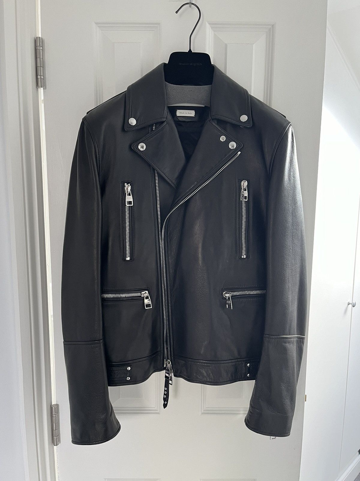 image of Alexander Mcqueen Signature Leather Biker Jacket in Black, Men's (Size Medium)