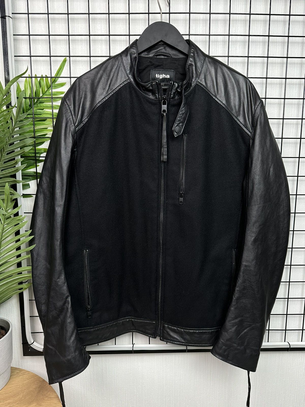 Tigha motorcycle Patchwork Leather Jacket Wool Men XXL