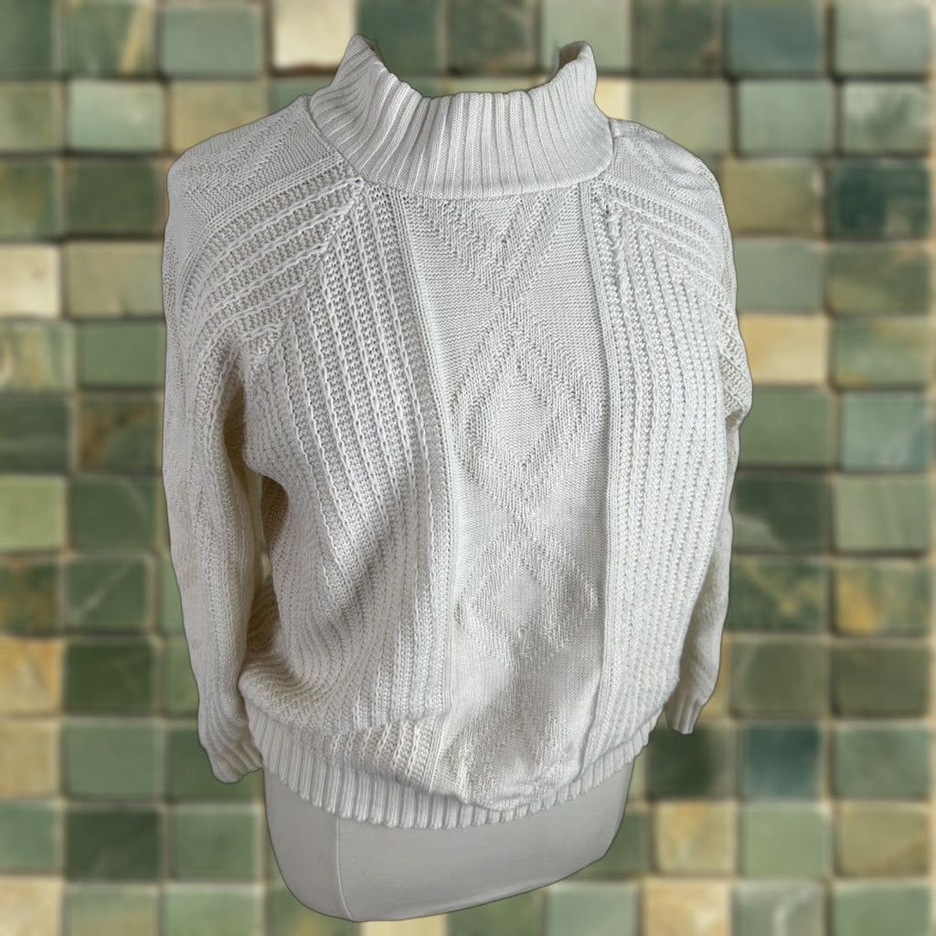 Vintage VINTAGE 90s Cream Raglan Sweater Mock Neck Women’s Large Ivory Crew Neck Knit Cotton Ramie Pullover Size L / US 10 / IT 46 - 1 Thumbnail