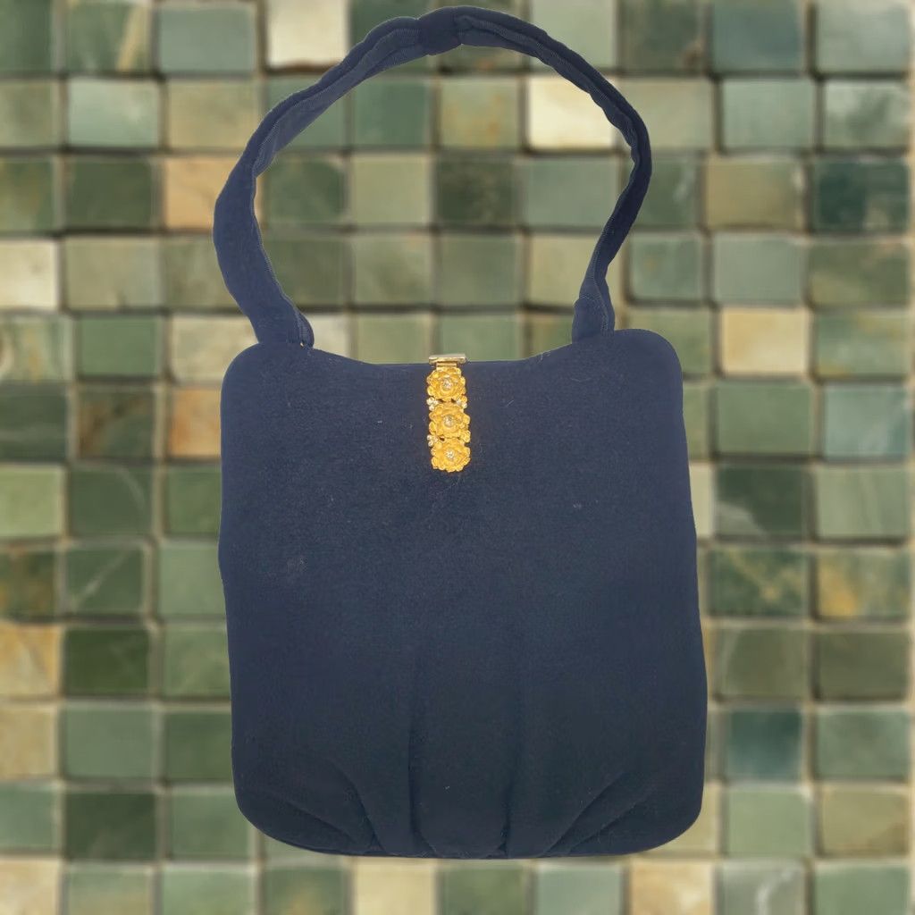 Vintage VINTAGE Harry Rosenfeld Felt Bag Black Suede Gold Floral Clasp Single Handle Formal Womens 1950s Size ONE SIZE - 1 Thumbnail