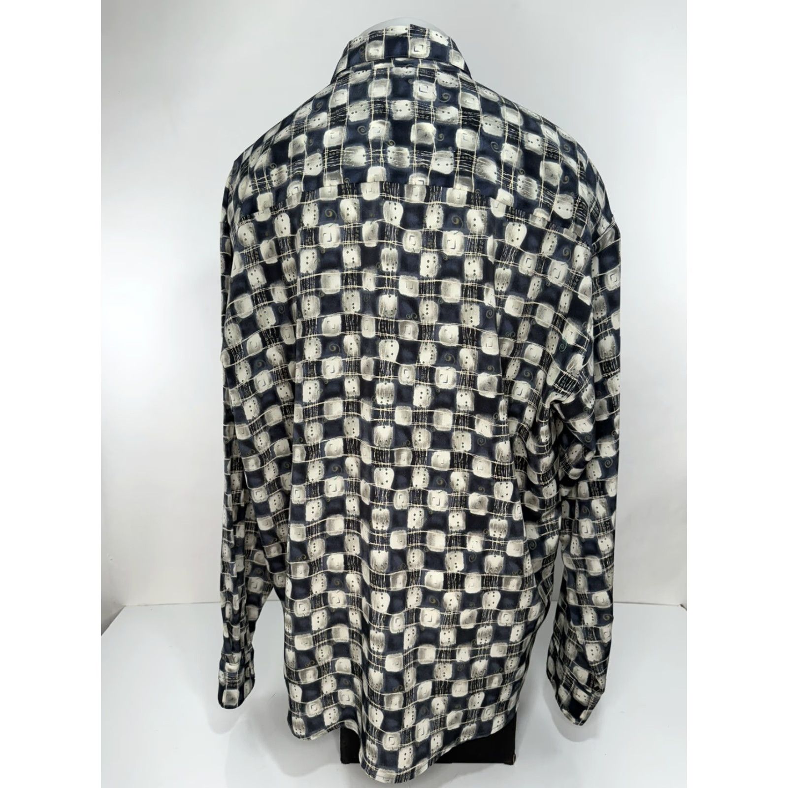 Vintage Gorgeous BERNINI Beverly Hills Geometric Mens 2XL Button-Up Shirt Long Sleeve Blue / Silver / Gray Size US XXL / EU 58 / 5 - 4 Thumbnail