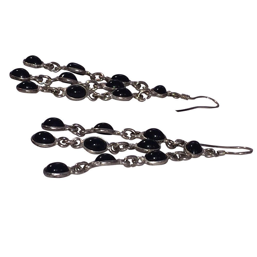 Handmade Sterling Black Onyx Bezel Set Cabochon Chandelier Earrings Size ONE SIZE - 3 Thumbnail
