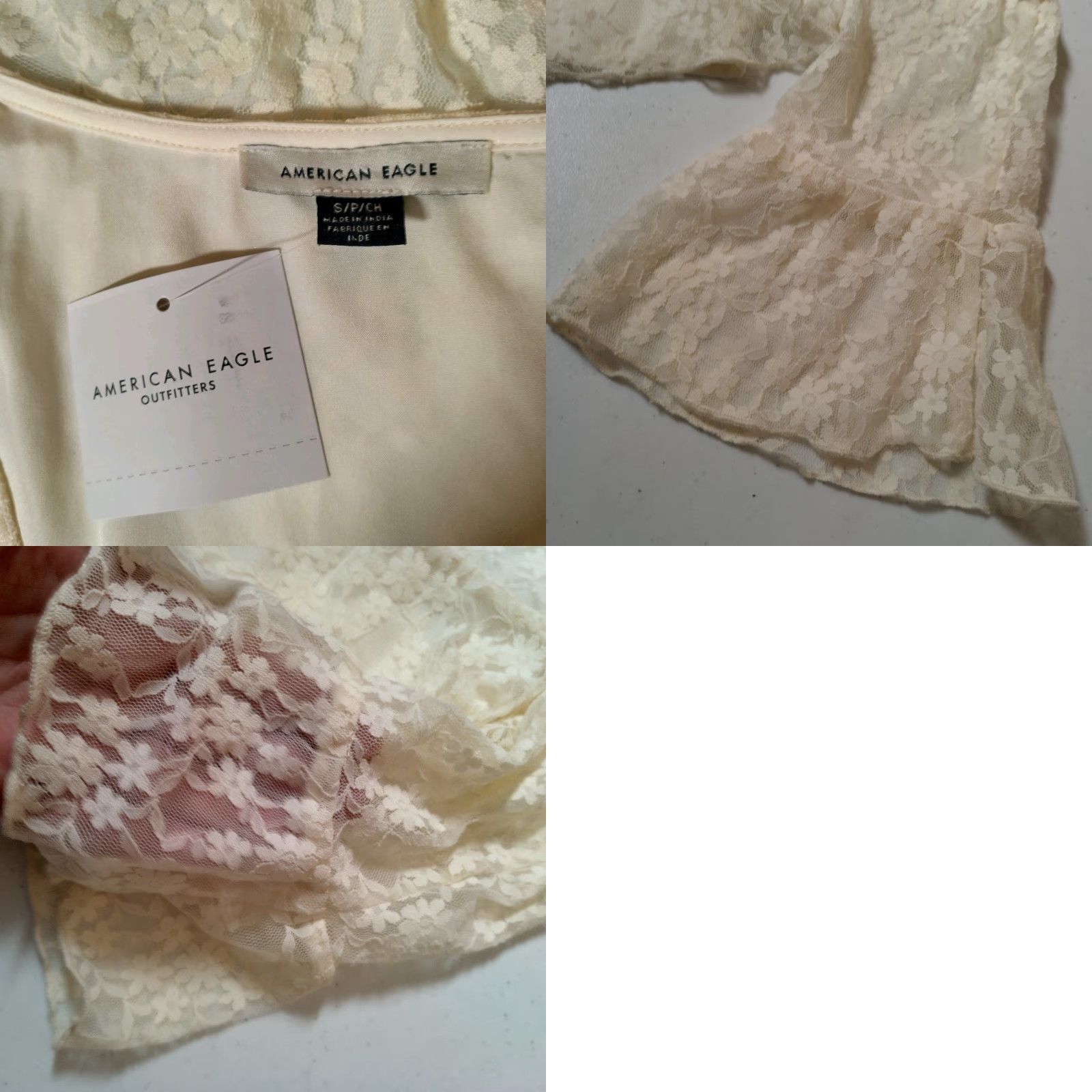 American Eagle Outfitters VINTAGE American Eagle Outfitters Shirt Small Cream Floral Lace Cropped Bell Sleeve V-Neck PULLOVER Fairycore Womens Size S / US 4 / IT 40 - 10 Thumbnail