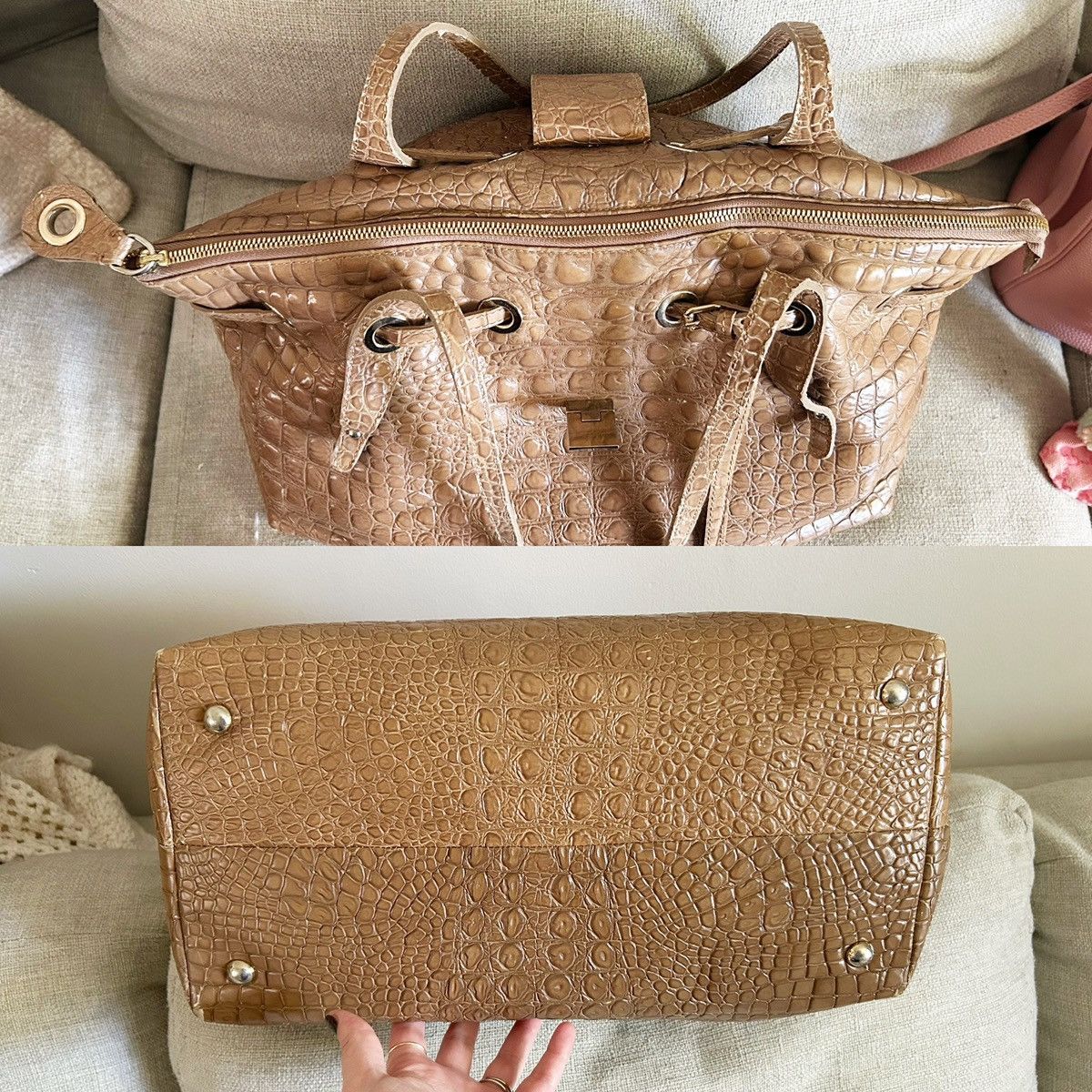 Jimmy Choo Authentic JIMMY CHOO Tan Croc Embossed Leather Rhea Tote Bag Size ONE SIZE - 8 Thumbnail