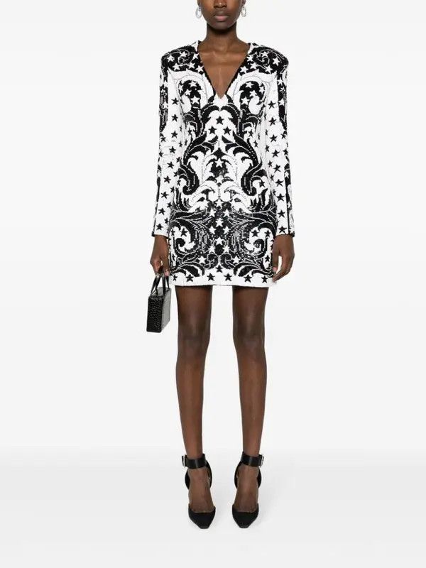 Balmain o1s1wg110825 Sequinned Mini Dress in Black/White Size L / US 10 / IT 46 - 2 Thumbnail