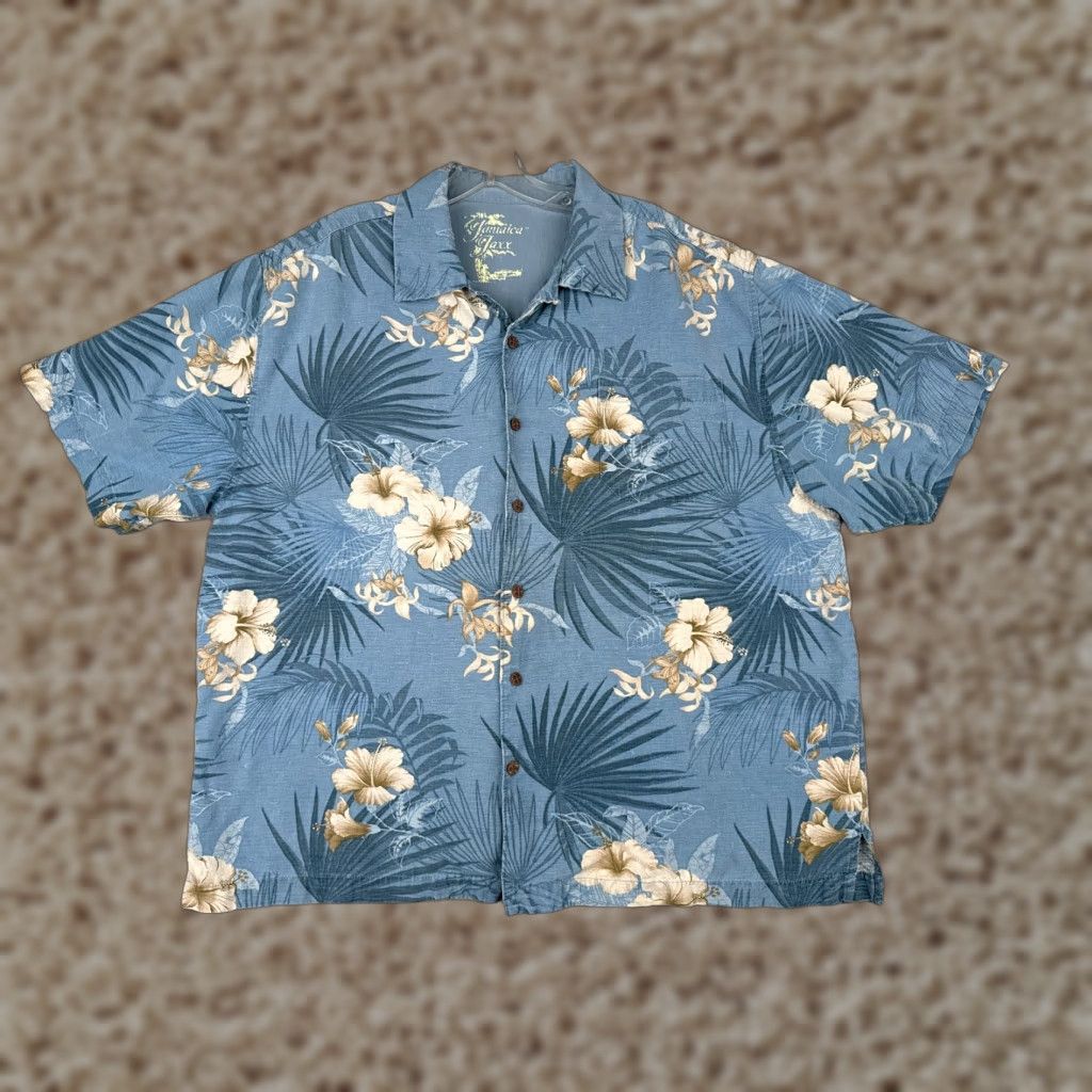 Vintage Jamaica Jaxx Shirt Men XL Blue Floral Leaf Silk Button-Up Hawaiian Aloha Beach Resort 90s Style Mens Size US XL / EU 56 / 4 - 1 Thumbnail