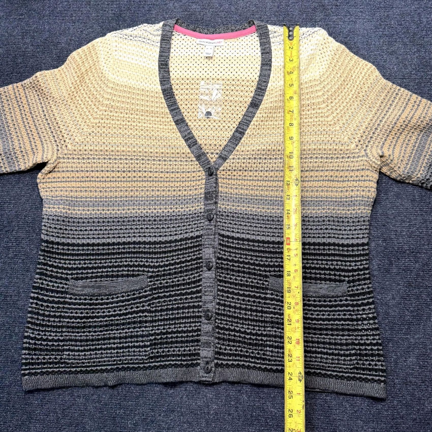 Vintage Isaac Mizrahi Live! Cardigan Womens XL Gray Striped Open-Knit Pockets Size XL / US 12-14 / IT 48-50 - 5 Thumbnail