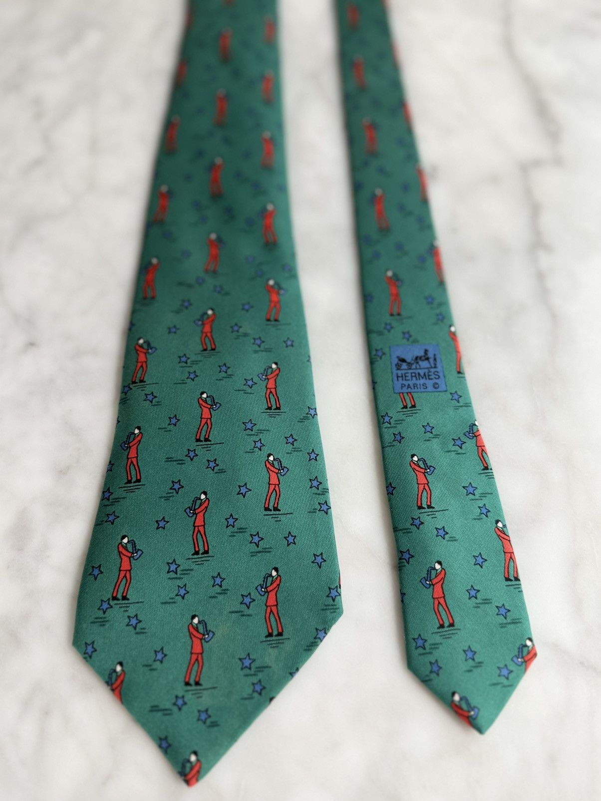 Hermes Hermes Tie 7551 SA Jazz Saxophonist Green 100% Silk MIFrance Size ONE SIZE - 1 Thumbnail