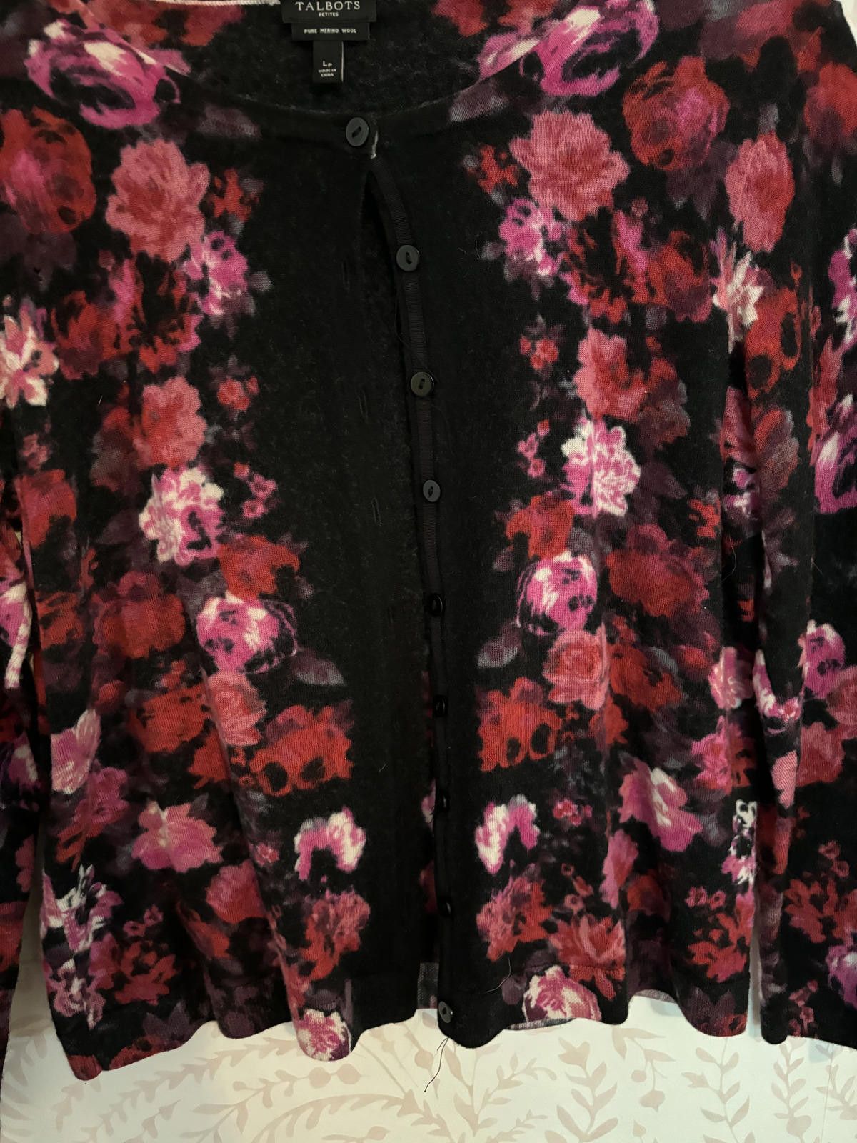 Designer 100% Merino Wool Talbots Women's Floral Cardigan Size L / US 10 / IT 46 - 3 Thumbnail