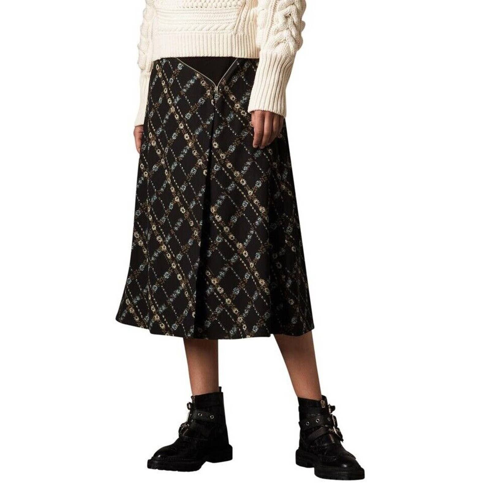 BLACK SILK FLORAL CHECK PRINT LOGO ZIP MIDI SKIRT US 8 UK 10
