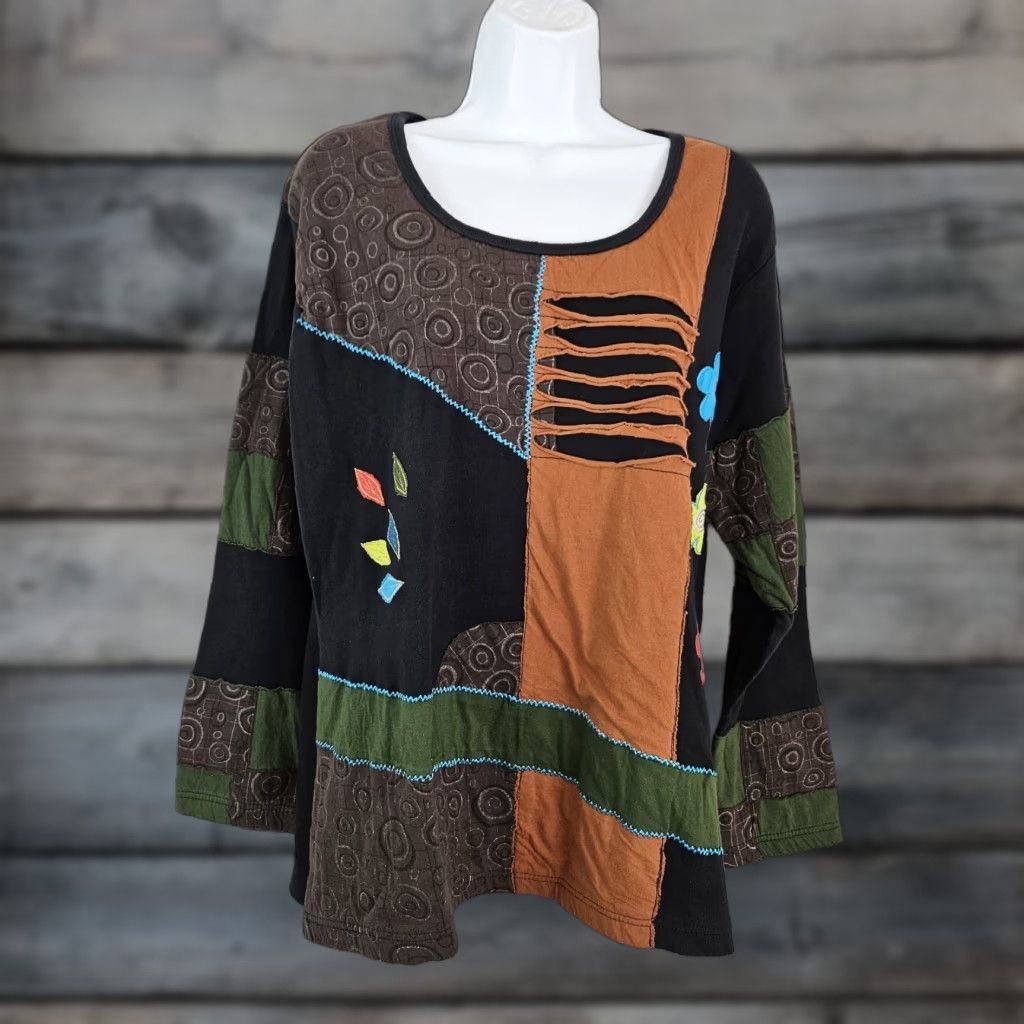 Vintage Agan Traders Womens Top 2XL Black Cotton Long Sleeve Patchwork Boho Embroidered Shirt Size XXL / US 16-18 / IT 52-54 - 1 Thumbnail
