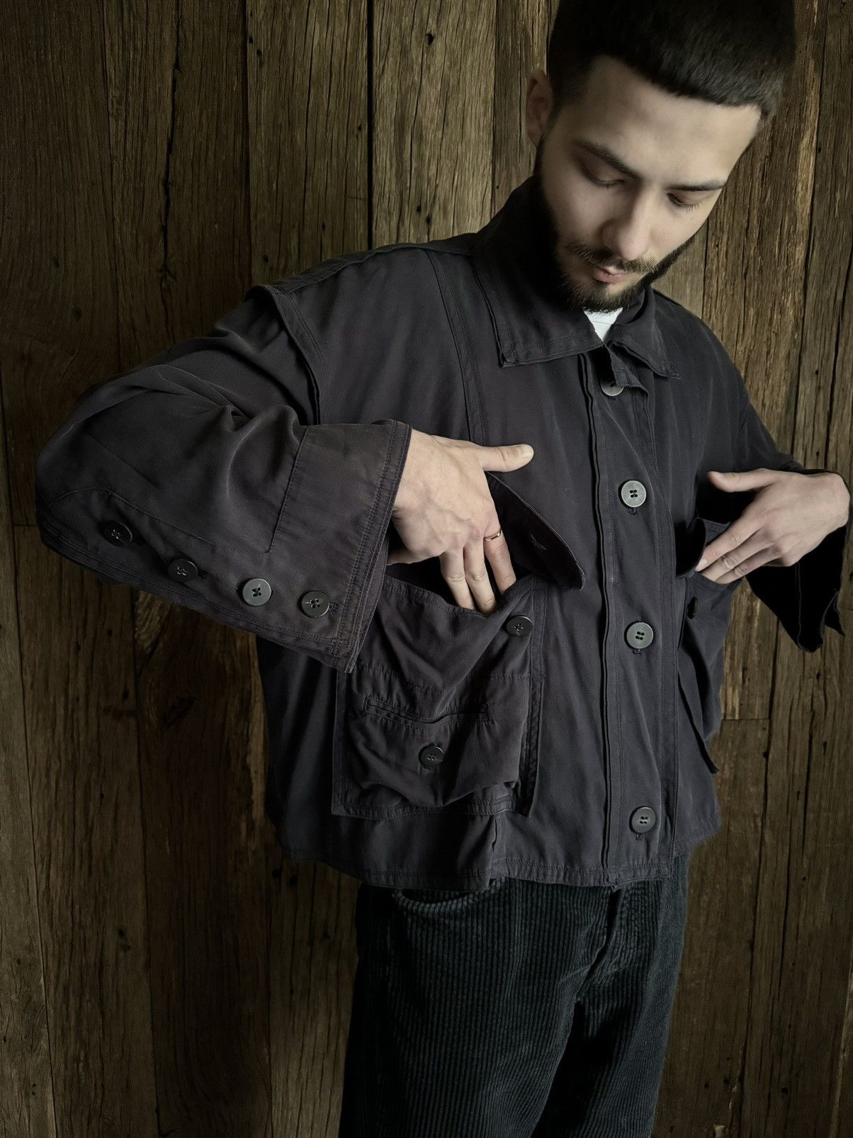 image of Archival Clothing x Issey Miyake Vintage 90's Issey Miyake Cropped Cargo Boxy Jacket in Navy/Purple
