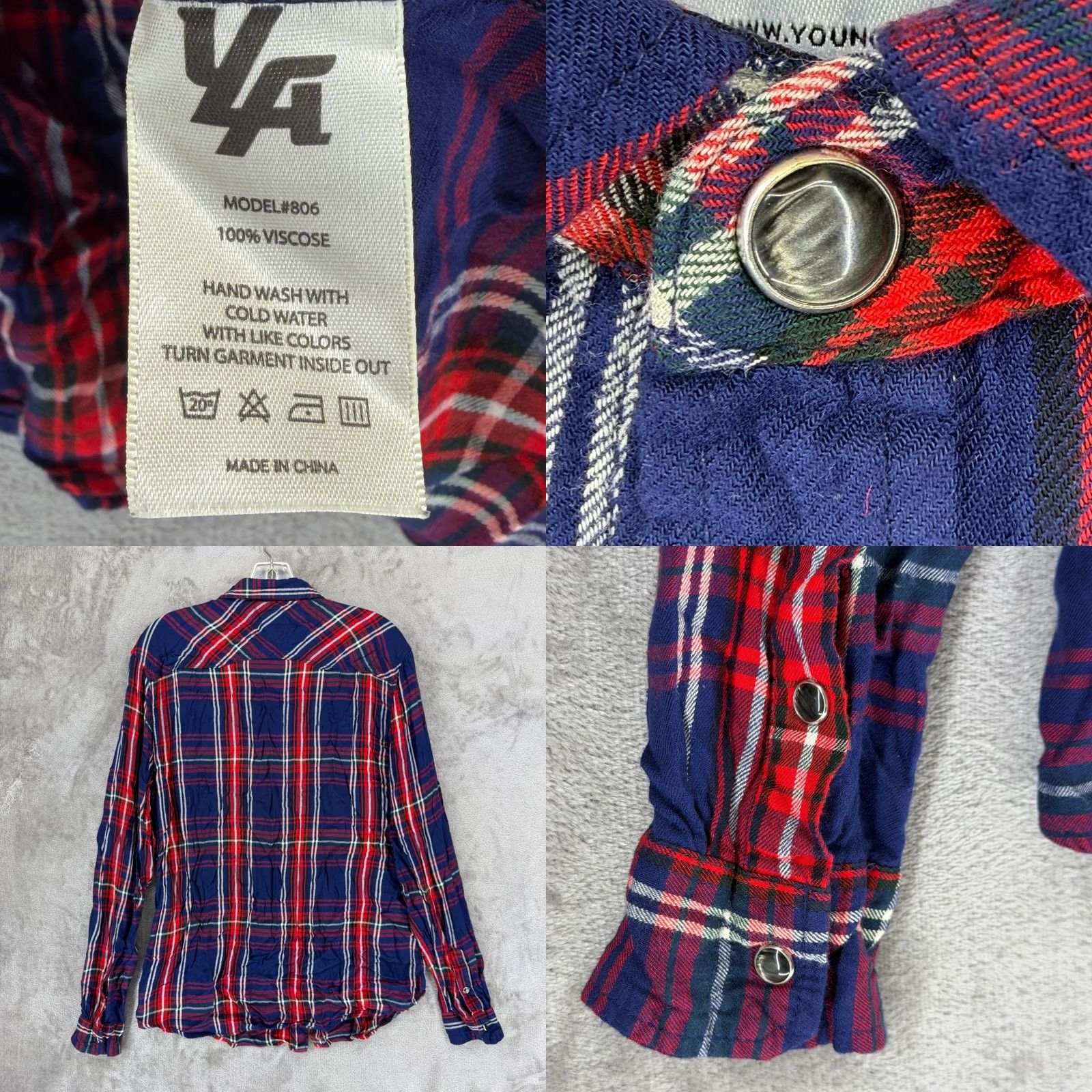 YoungLA YoungLA Button-Up Shirt Plaid Navy Red White L Mens Casual Western 806 Viscose Rayon Cotton? Size US L / EU 52-54 / 3 - 8 Thumbnail