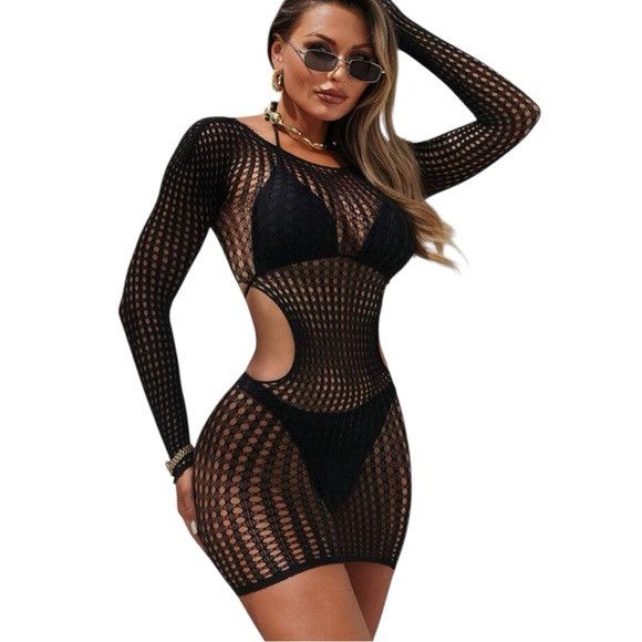 Other Women Black Thin Hollow Out Sheer Dress Size ONE SIZE - 1 Thumbnail
