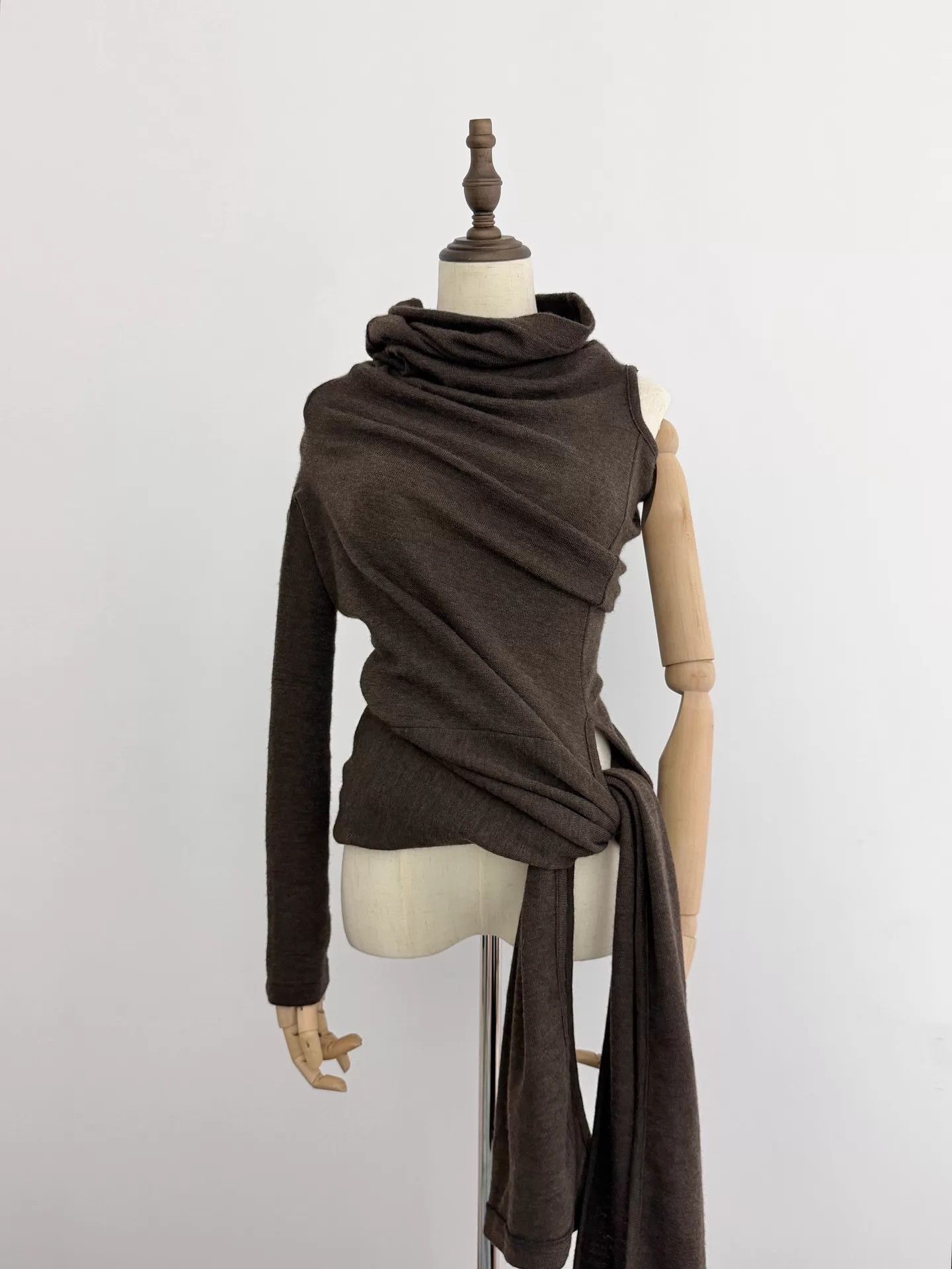 Y's Y's Chocolate Brown Irregular Two-Way Wool Top Size L / US 10 / IT 46 - 5 Thumbnail