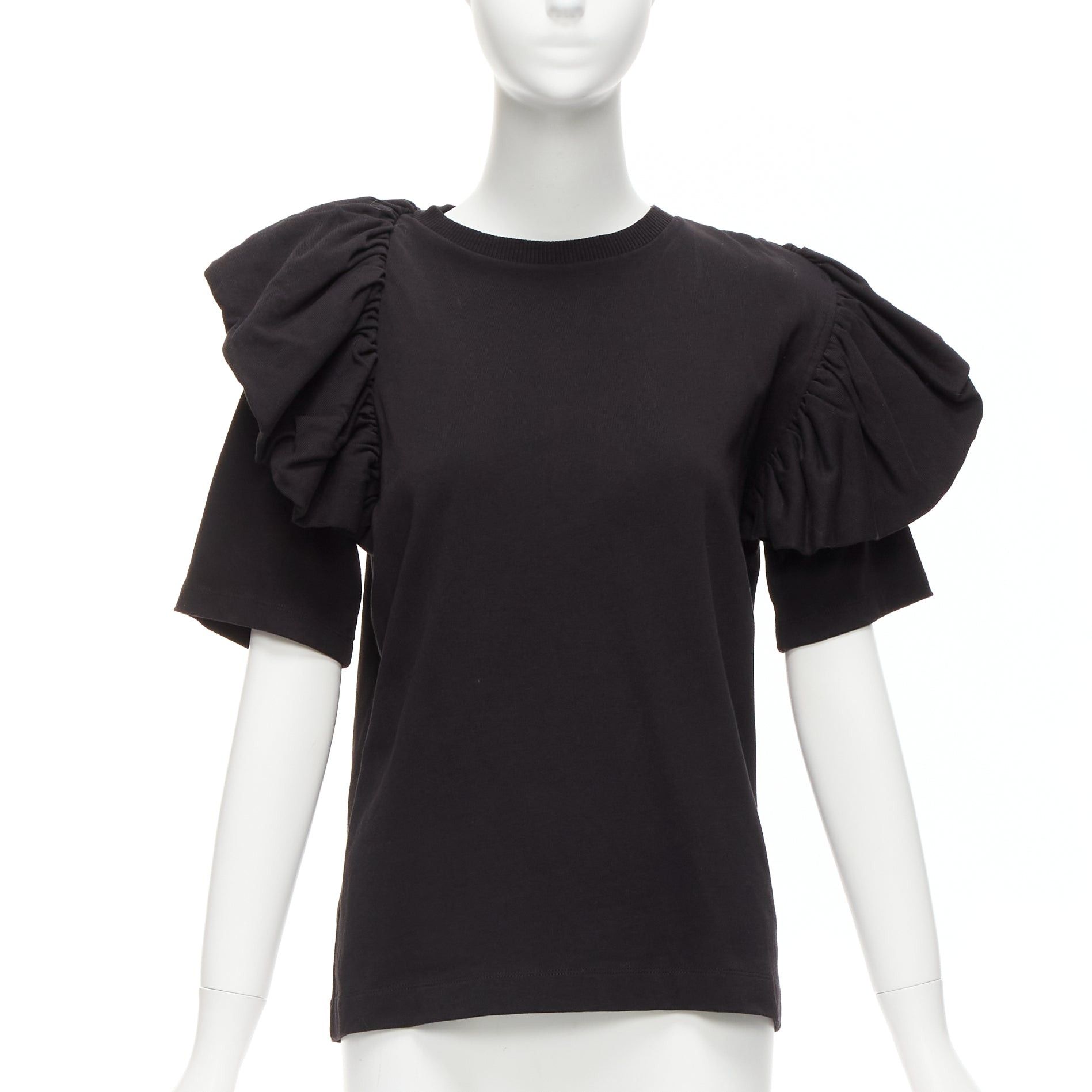 Dries Van Noten DRIES VAN NOTEN black cotton asymmetric ruffle half sleeve boxy top S Size S / US 4 / IT 40 - 1 Thumbnail