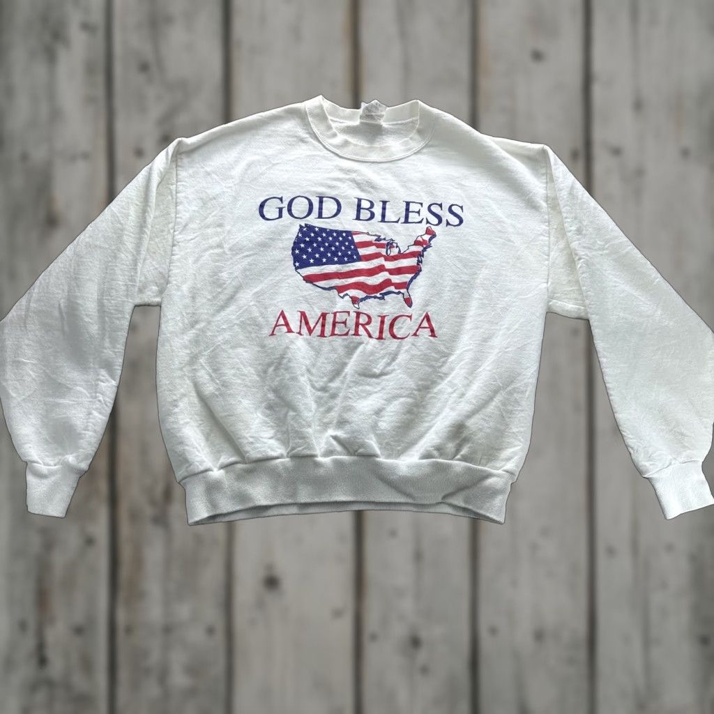 Jerzees VINTAGE Jerzees Sweatshirt Mens Large White God Bless America USA Flag 90s y2k Size US L / EU 52-54 / 3 - 1 Thumbnail