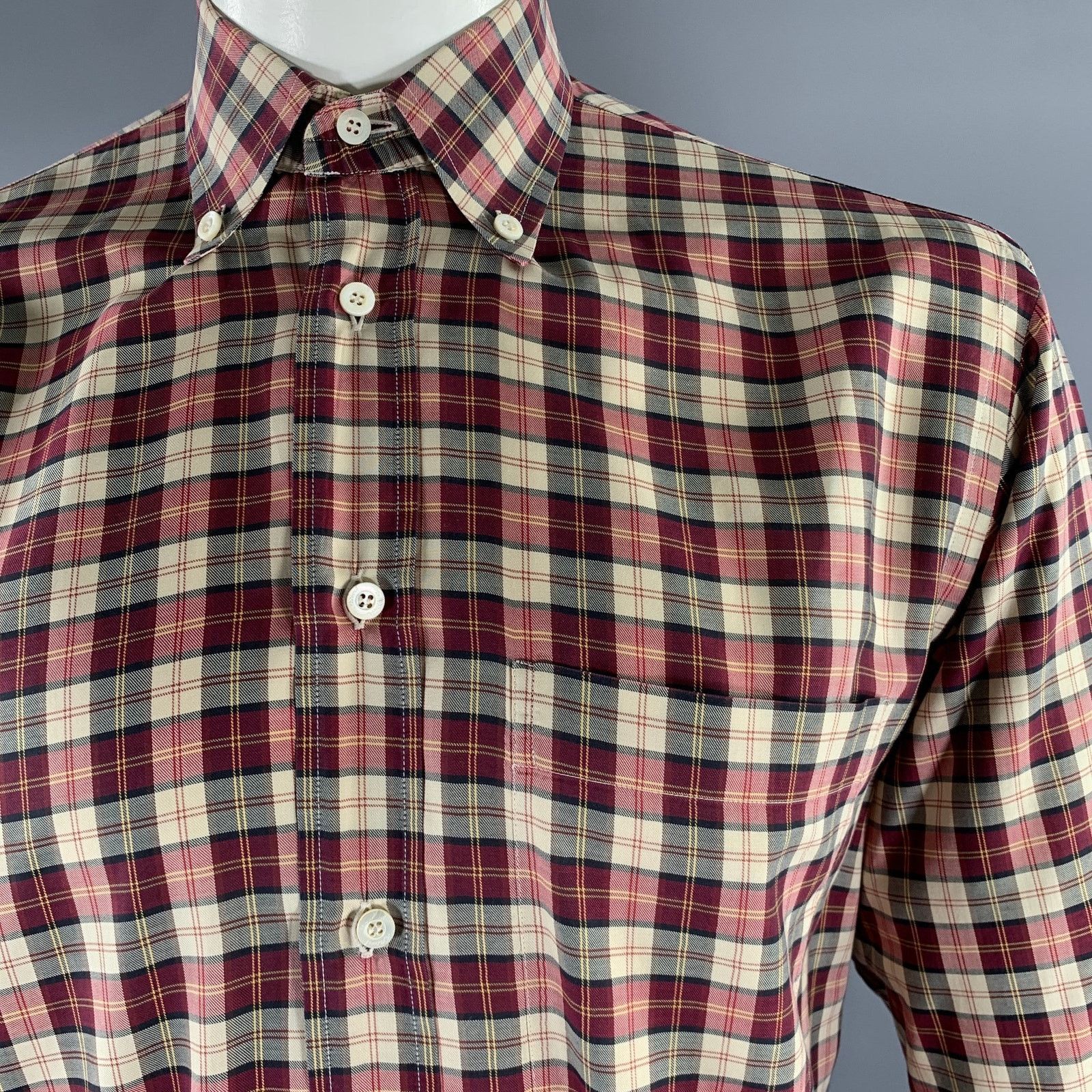 Brioni BRIONI L Burgundy Tan Tartan Cotton Button Down Size US L / EU 52-54 / 3 - 2 Thumbnail