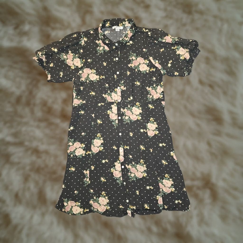 American Eagle Outfitters VINTAGE American Eagle Outfitters Shirt Dress Women L Black Floral Collared Button Puff Sleeve Knee Length Children? Size L / US 10 / IT 46 - 1 Thumbnail
