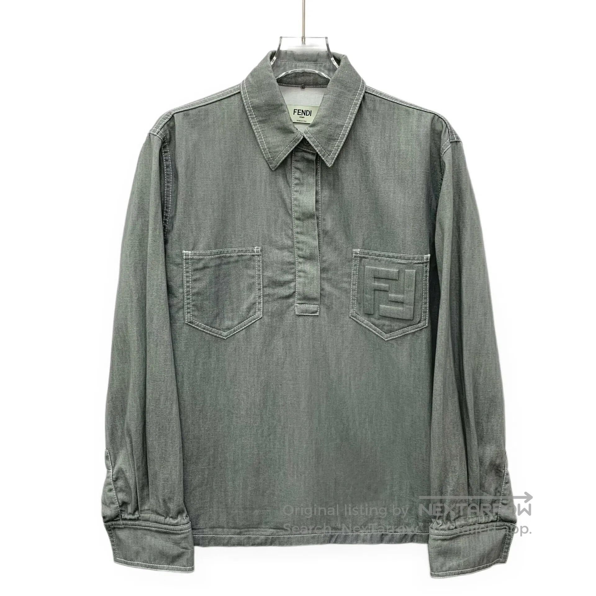 Fendi FENDI Teal logo embossed cotton lapel long sleeve denim sh Size S / US 4 / IT 40 - 1 Thumbnail