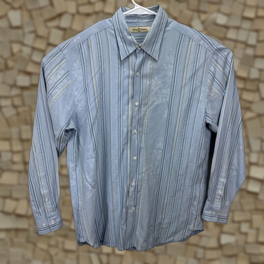 Tommy Bahama VINTAGE Tommy Bahama Shirt Men's Large Blue Floral Striped Silk Cotton Button-Up Hawaiian Casual Formal Size US L / EU 52-54 / 3 - 1 Thumbnail