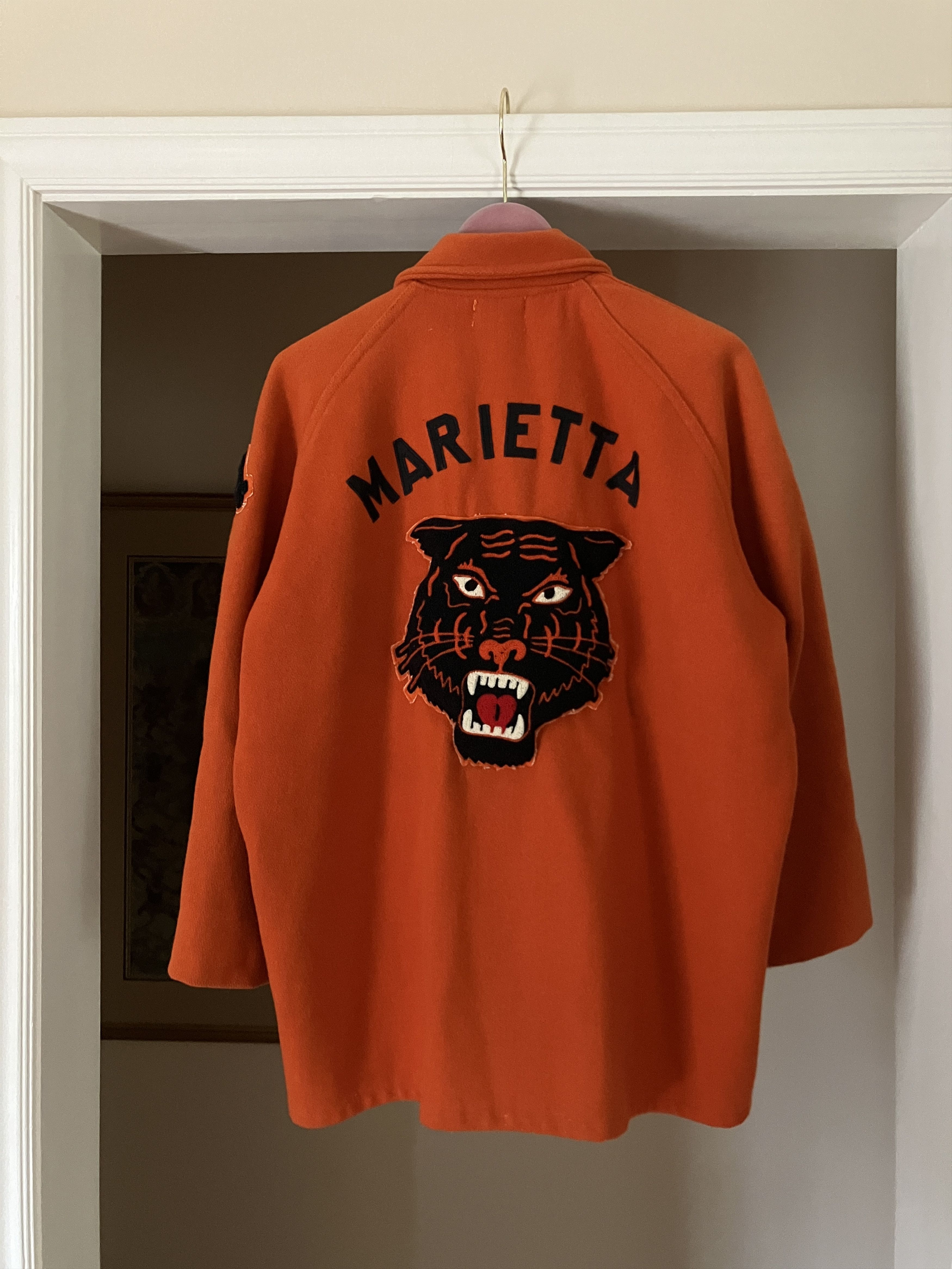 image of 1950S True Vintage Marietta Panthers Wool Stadium Jacket in Orange, Men's (Size Medium)